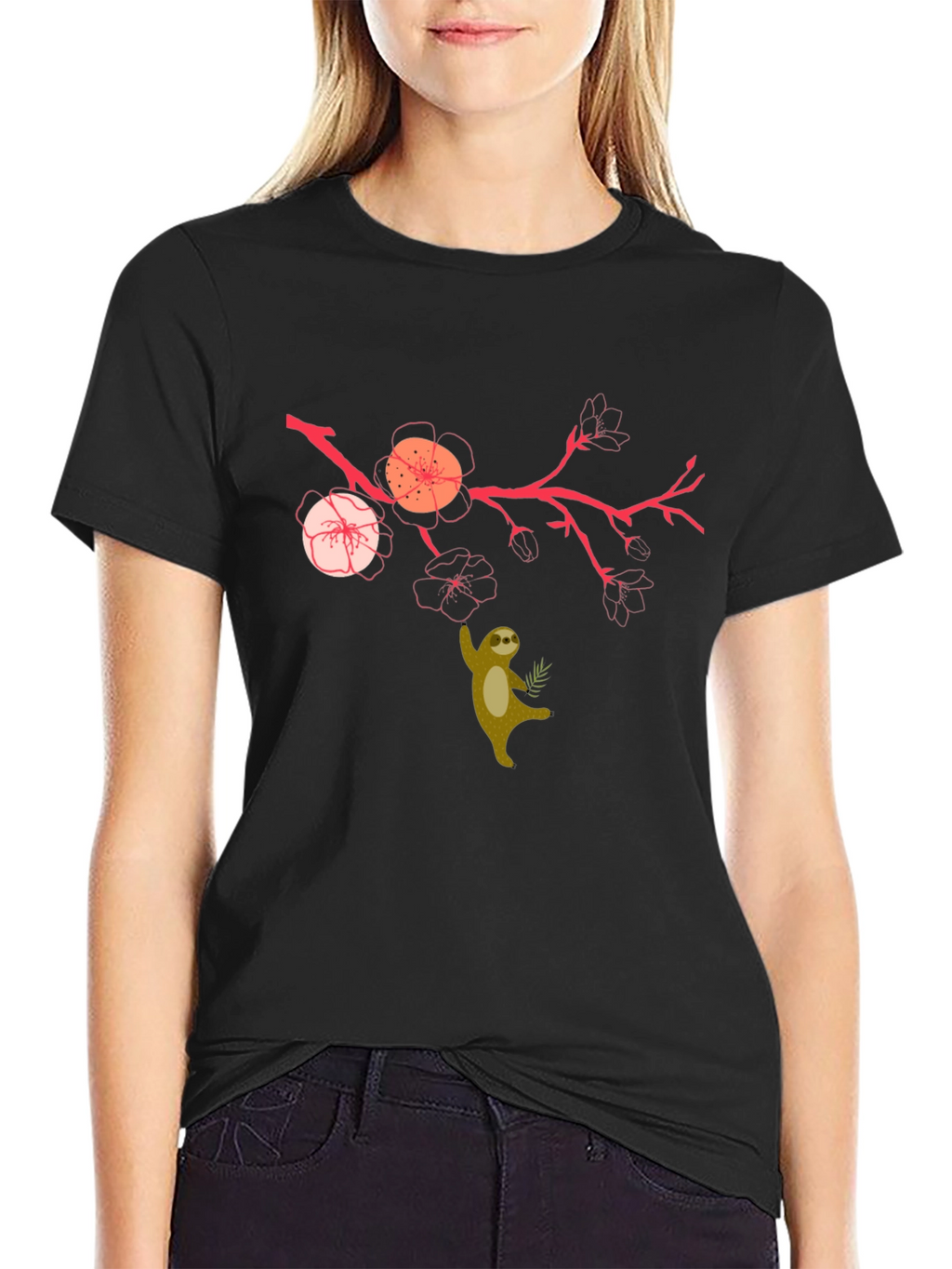 Sloth & Cherry Blossom Graphic Tee - Relaxed Fit