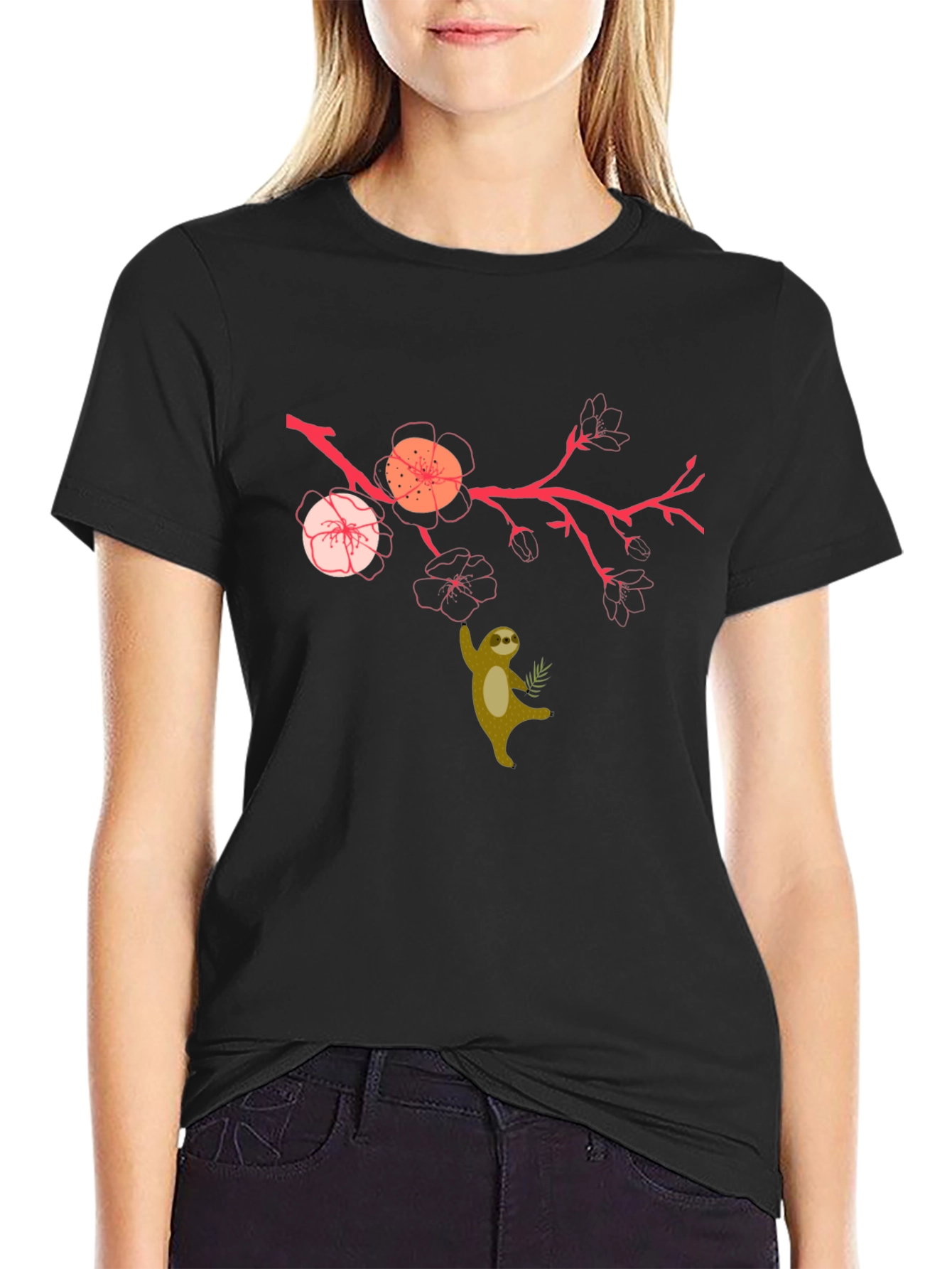 Sloth & Cherry Blossom Graphic Tee - Relaxed Fit