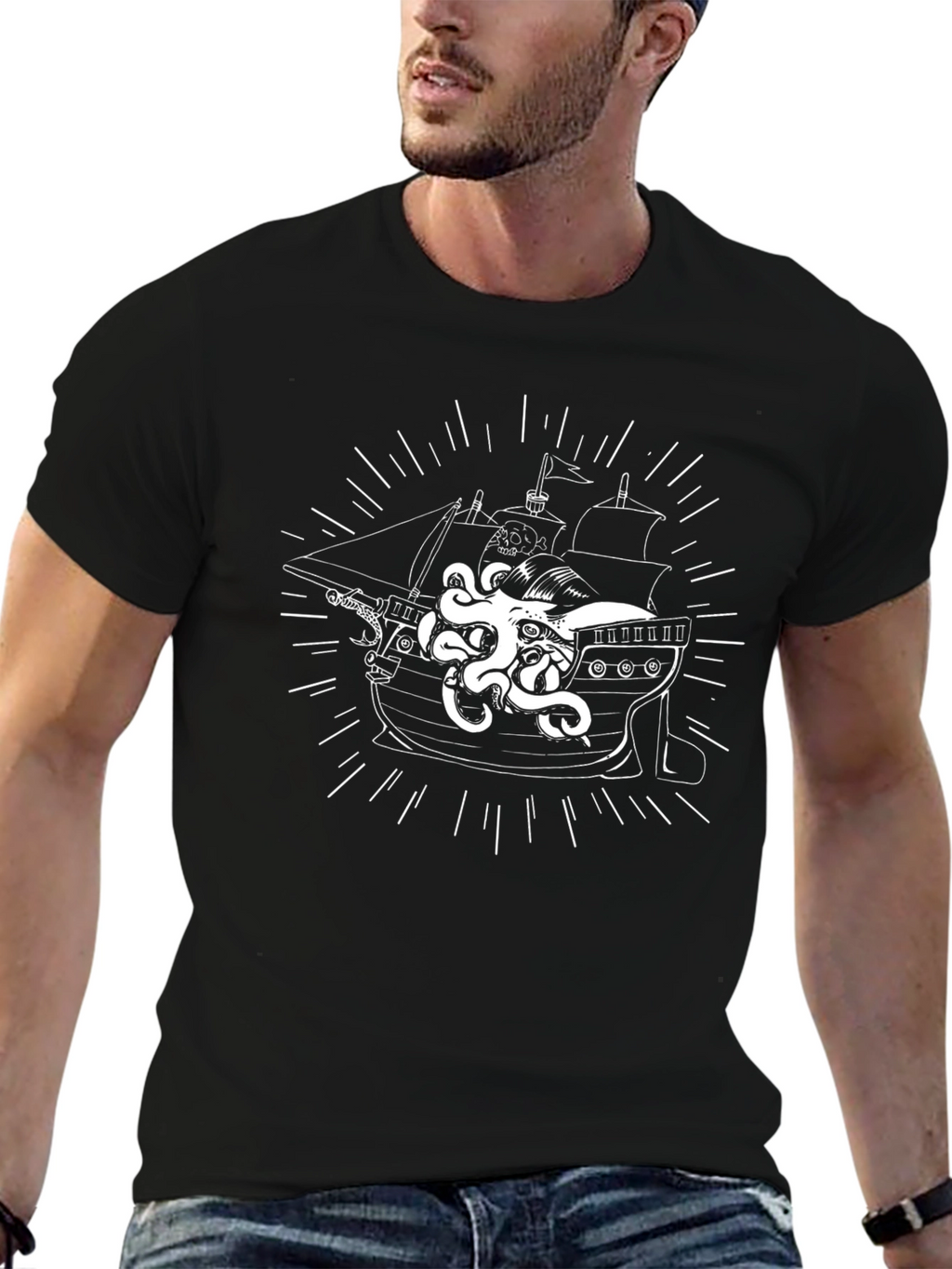 Kraken Ship Graphic T-Shirt - Black