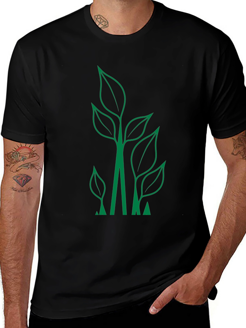 Eco-Friendly Leaf Design Black T-Shirt