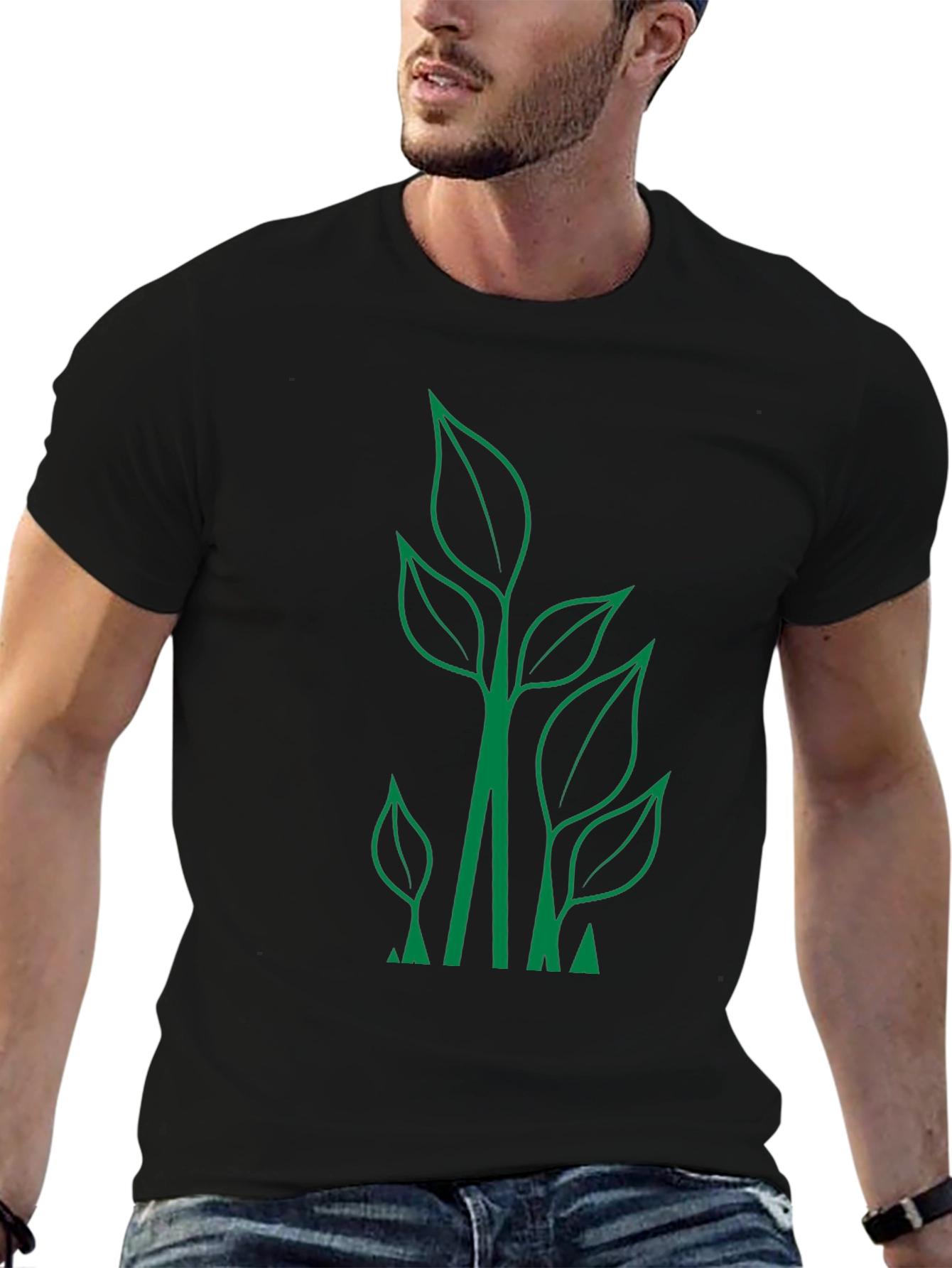 Eco-Friendly Leaf Design Black T-Shirt