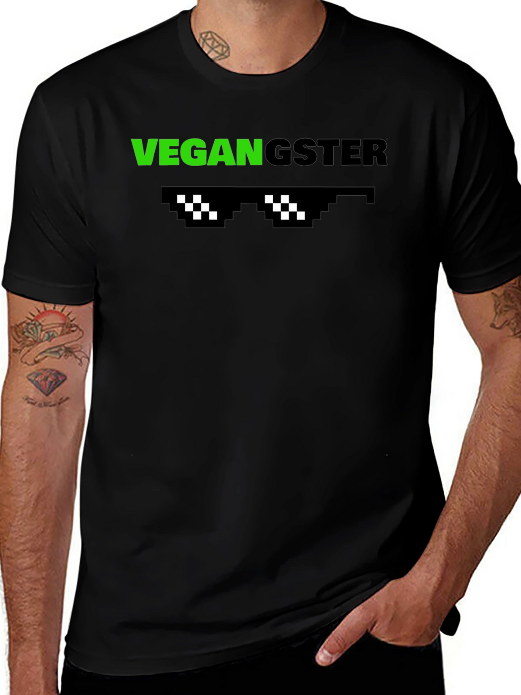 Vegan Gangster Graphic Tee - Cool Pixel Sunglasses Design