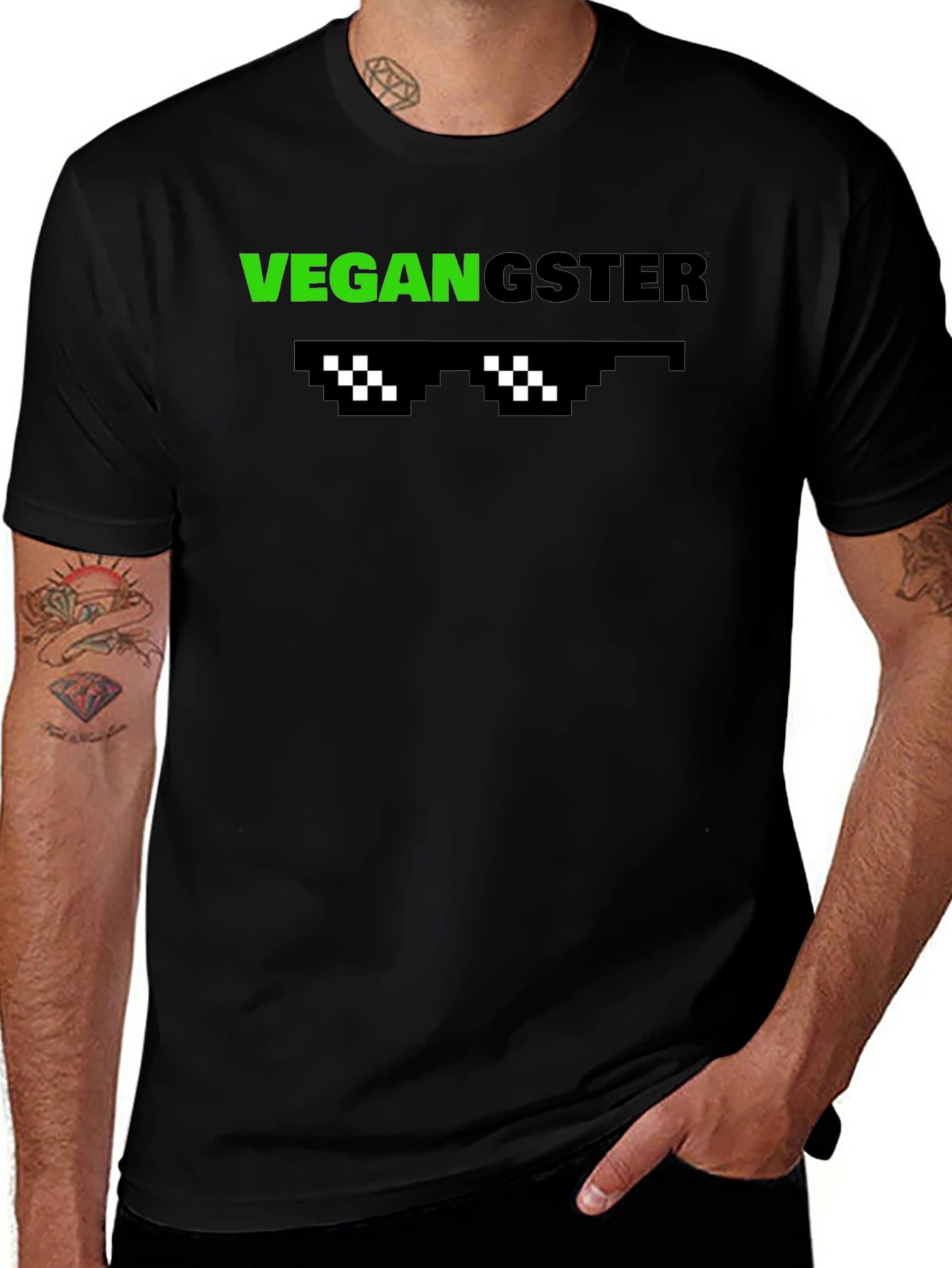 Vegan Gangster Graphic Tee - Cool Pixel Sunglasses Design