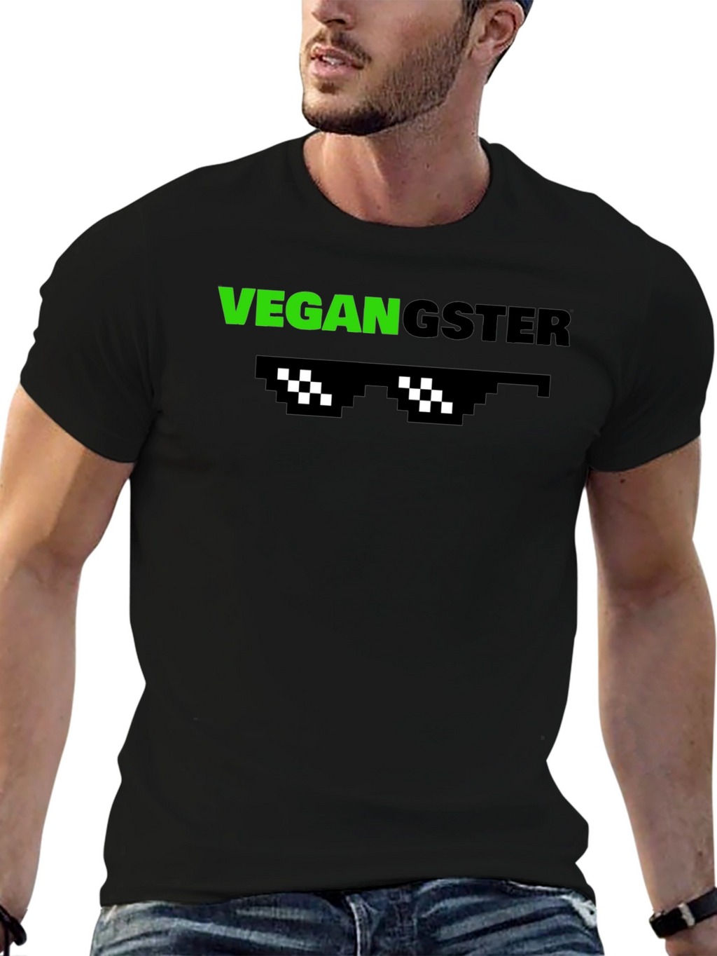 Vegan Gangster Graphic Tee - Cool Pixel Sunglasses Design