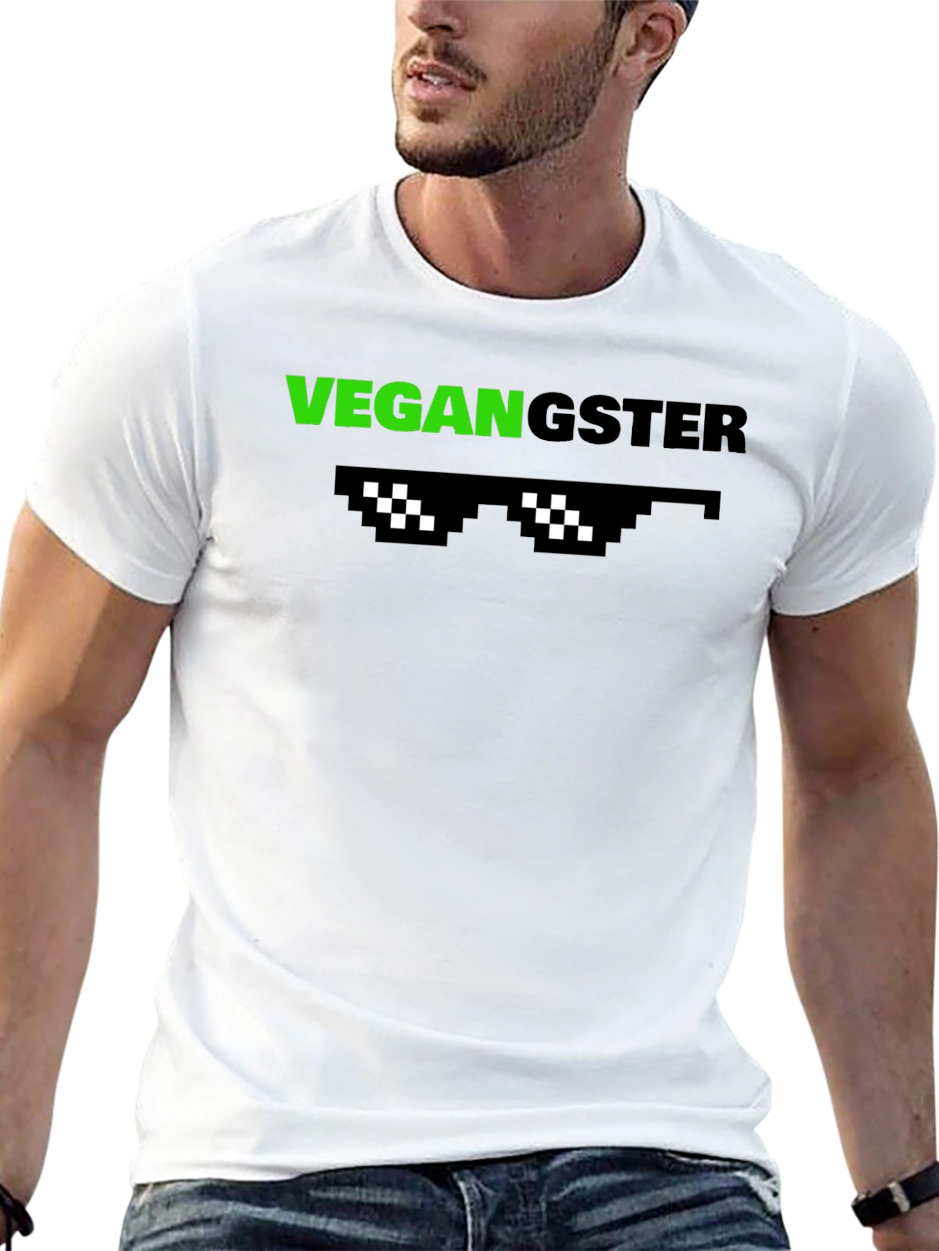 Vegan Gangster Graphic Tee - Cool Pixel Sunglasses Design