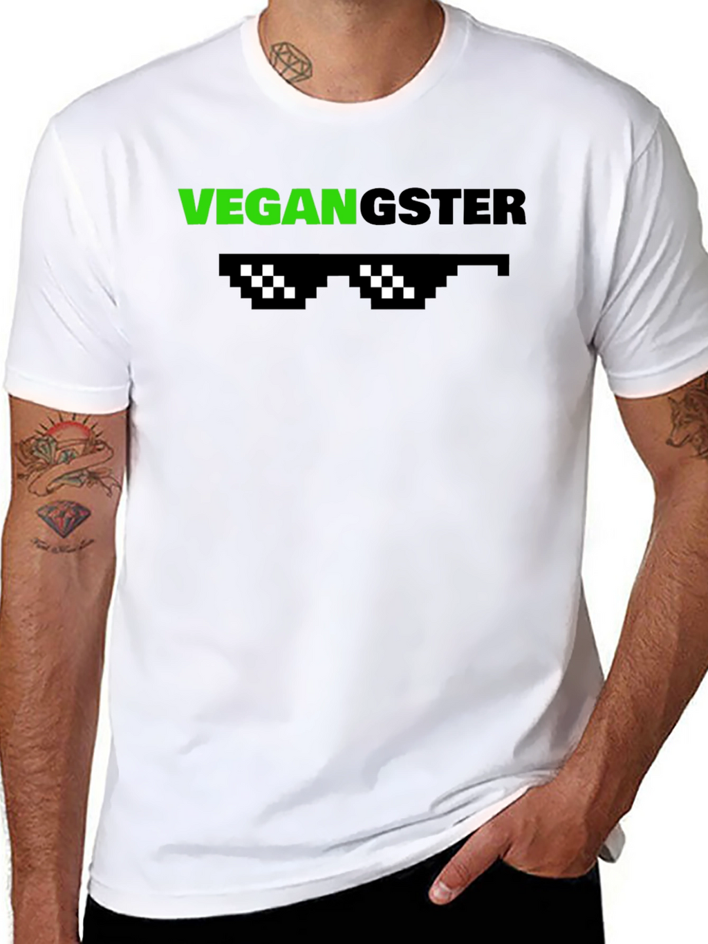 Vegan Gangster Graphic Tee - Cool Pixel Sunglasses Design