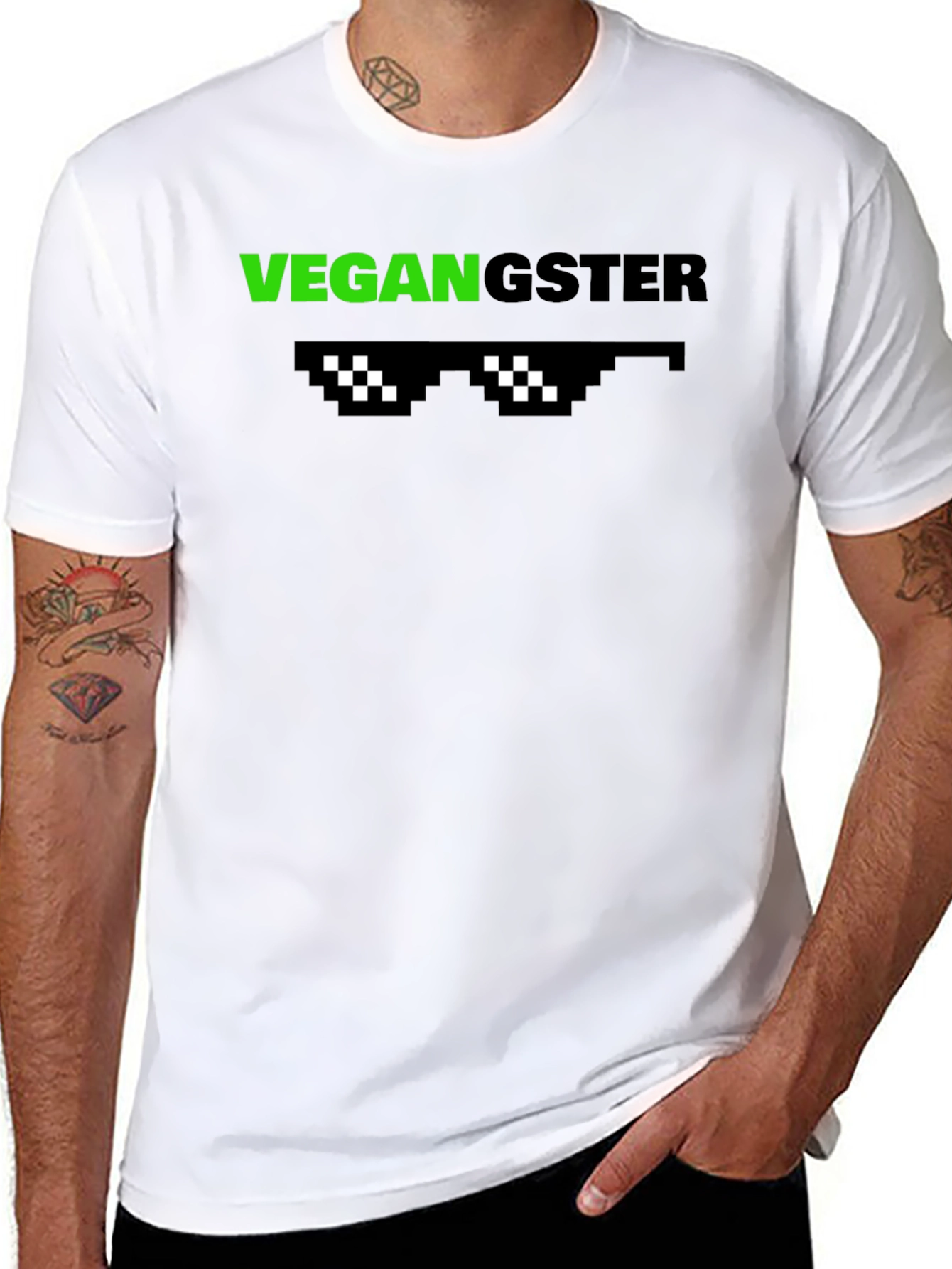 Vegan Gangster Graphic Tee - Cool Pixel Sunglasses Design