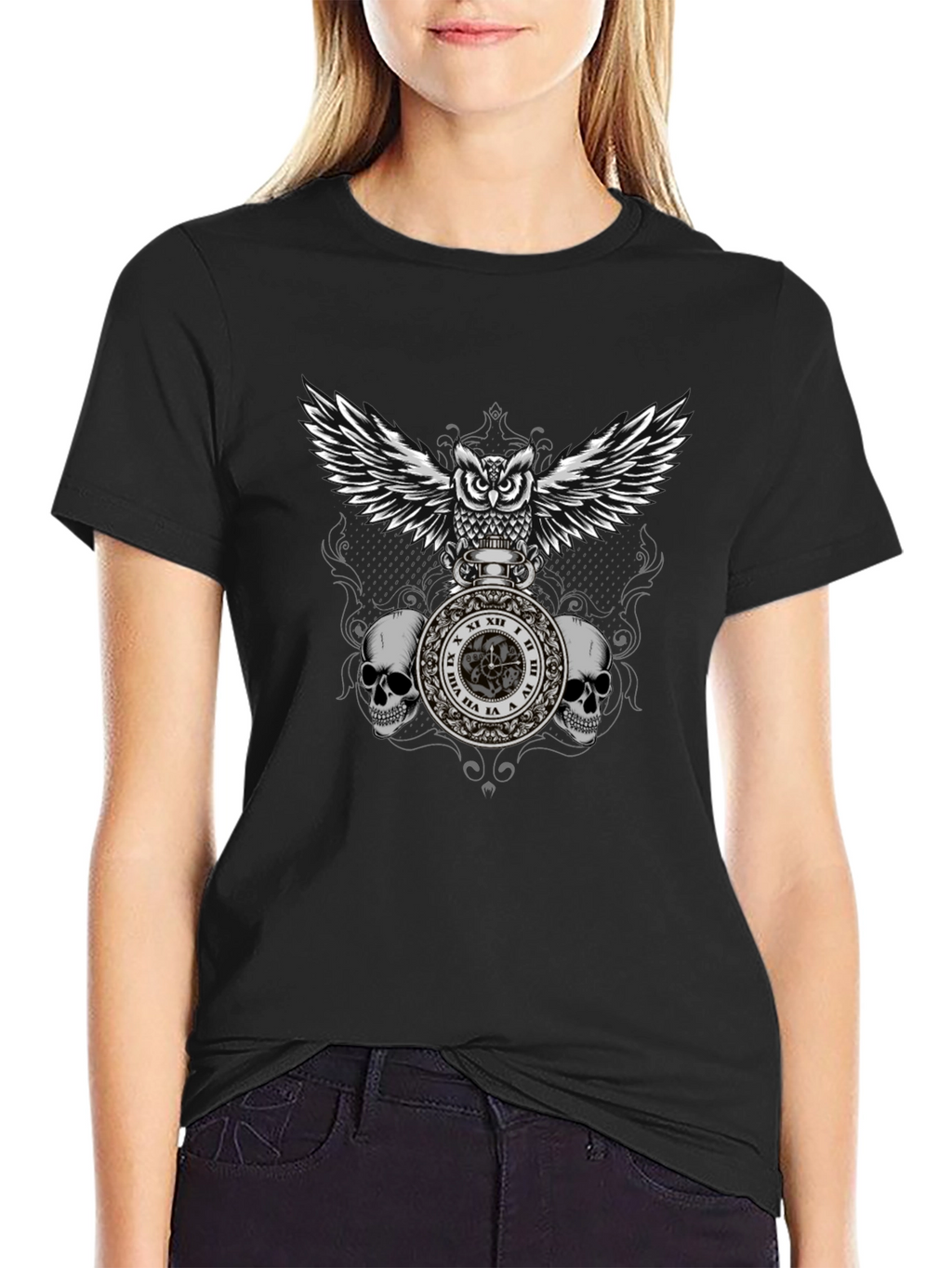 Owl & Skull Graphic T-Shirt - Dark Goth Style