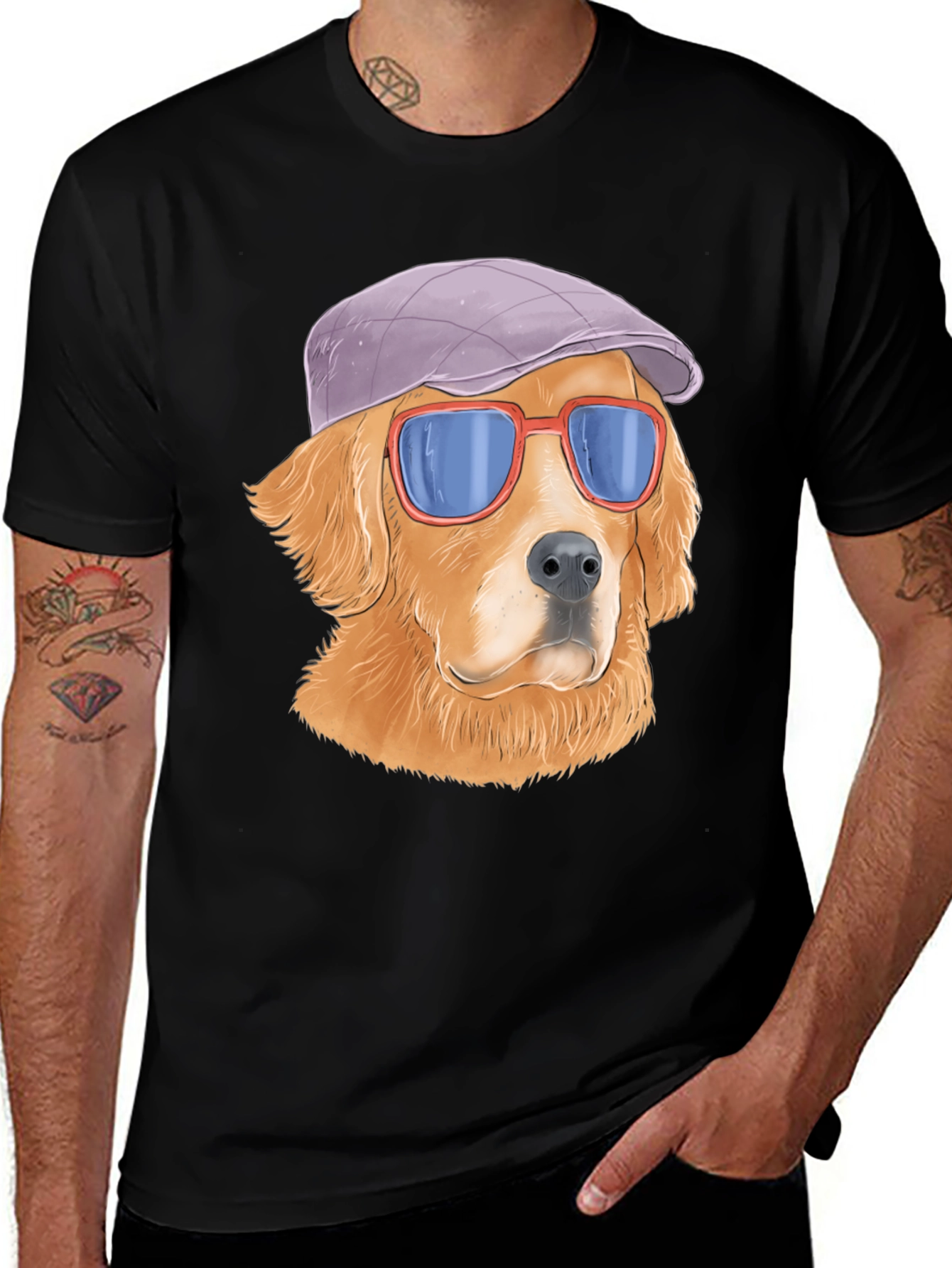 Cool Dog T-Shirt - Golden Retriever with Hat & Shades