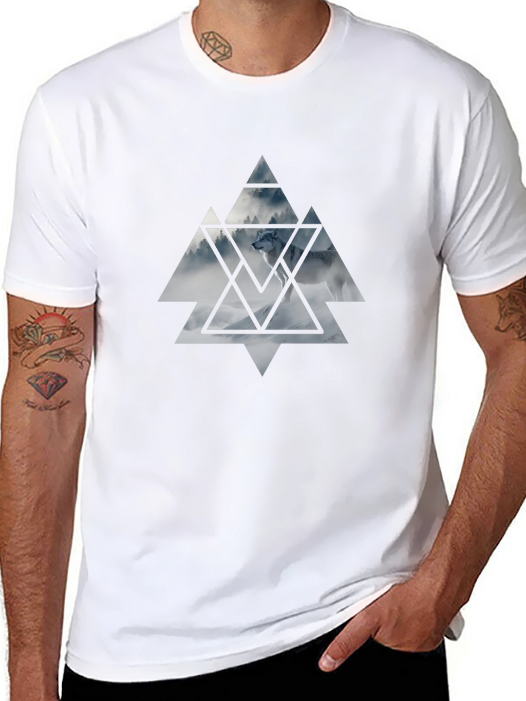 Mens Black T-Shirt Wolf Triangle Graphic Tee
