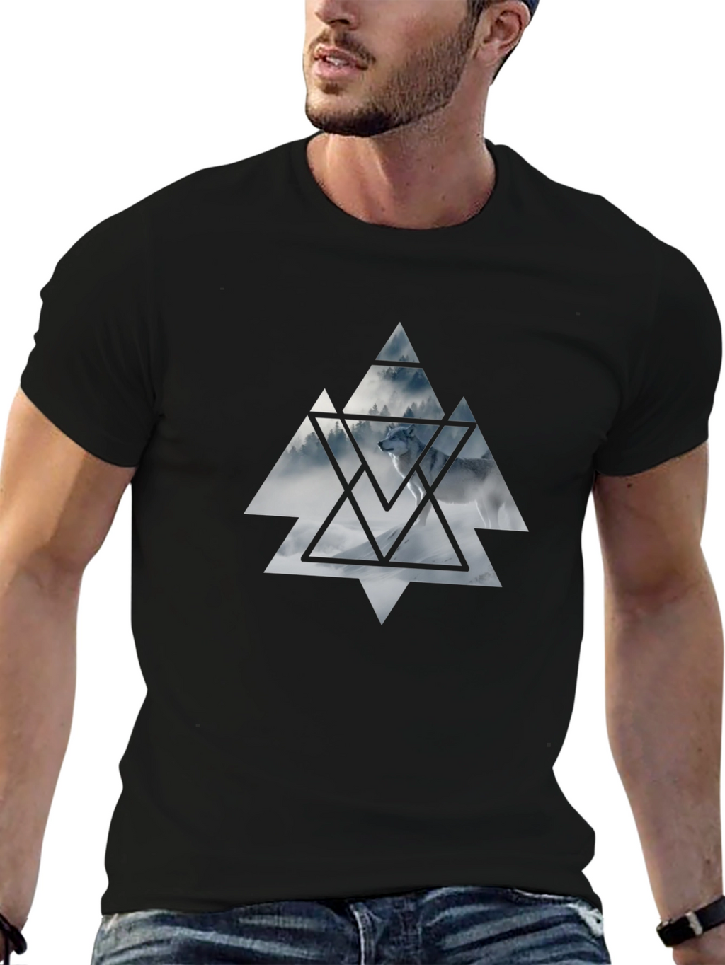 Mens Black T-Shirt Wolf Triangle Graphic Tee