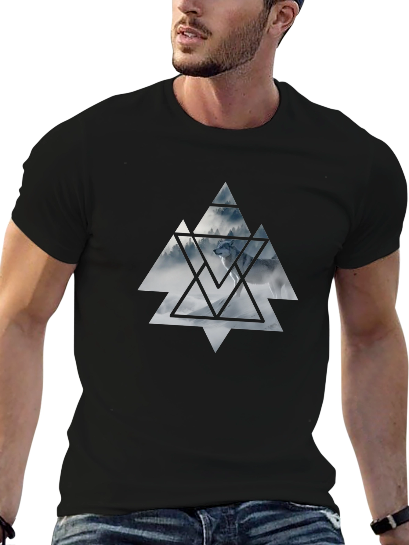 Mens Black T-Shirt Wolf Triangle Graphic Tee