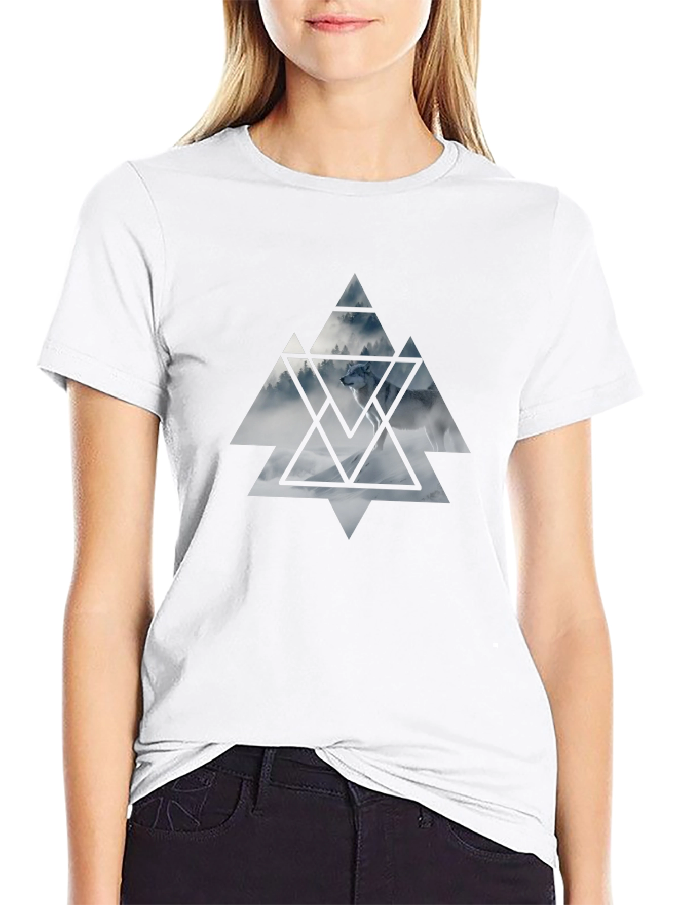 Mens Black T-Shirt Wolf Triangle Graphic Tee