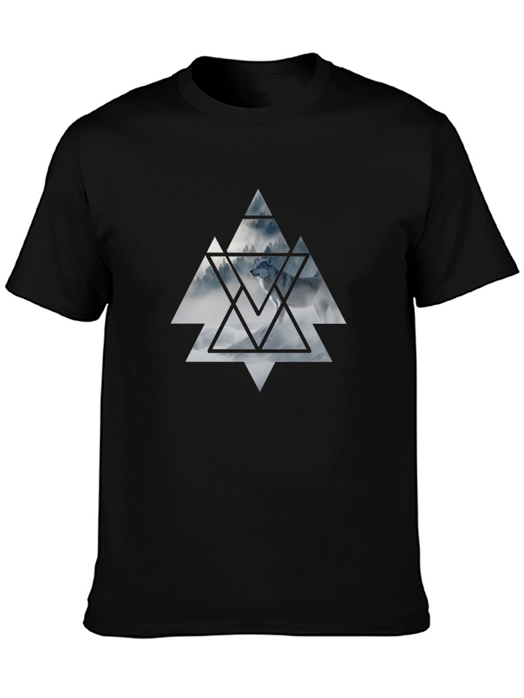 Mens Black T-Shirt Wolf Triangle Graphic Tee