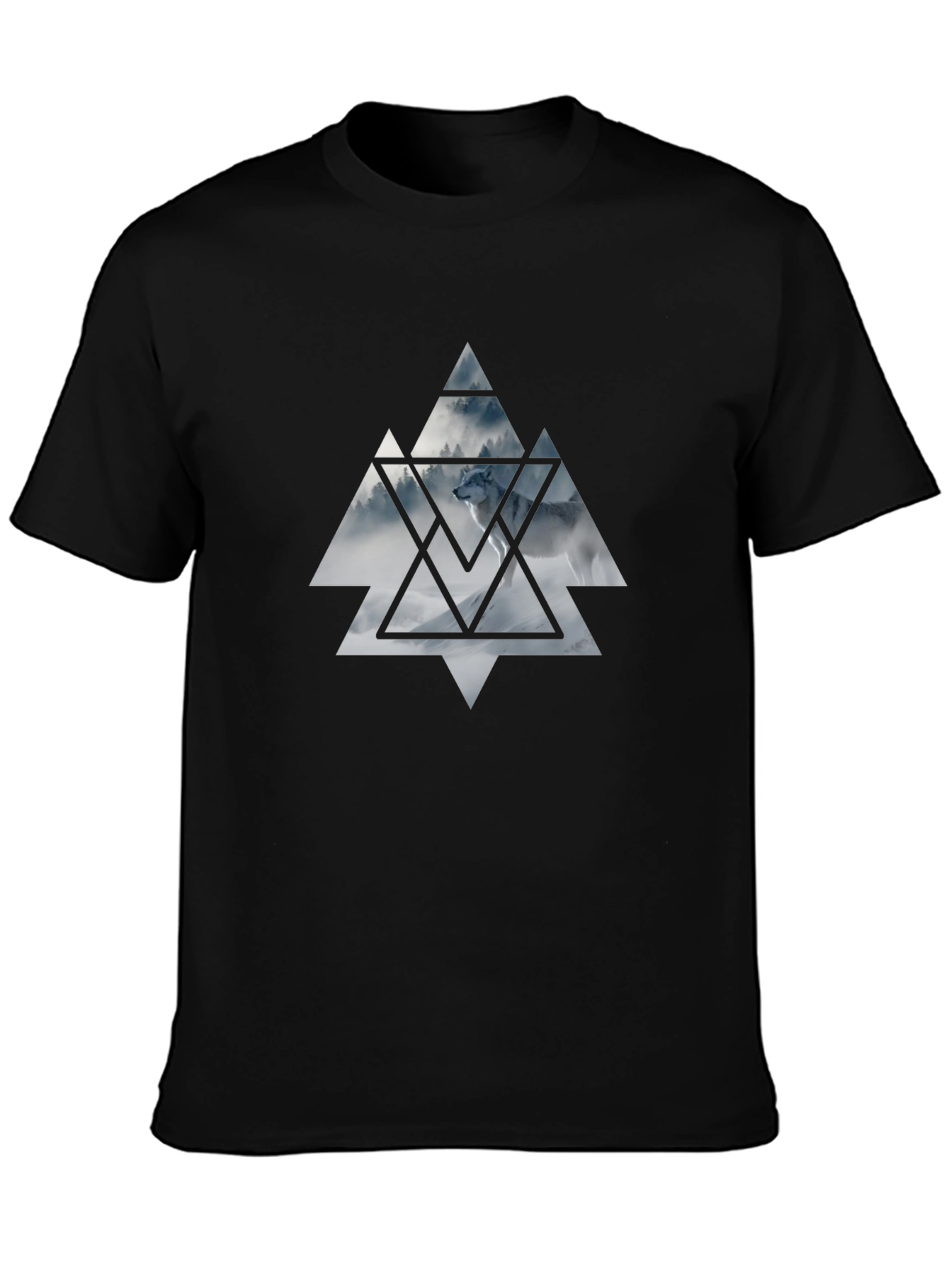 Mens Black T-Shirt Wolf Triangle Graphic Tee