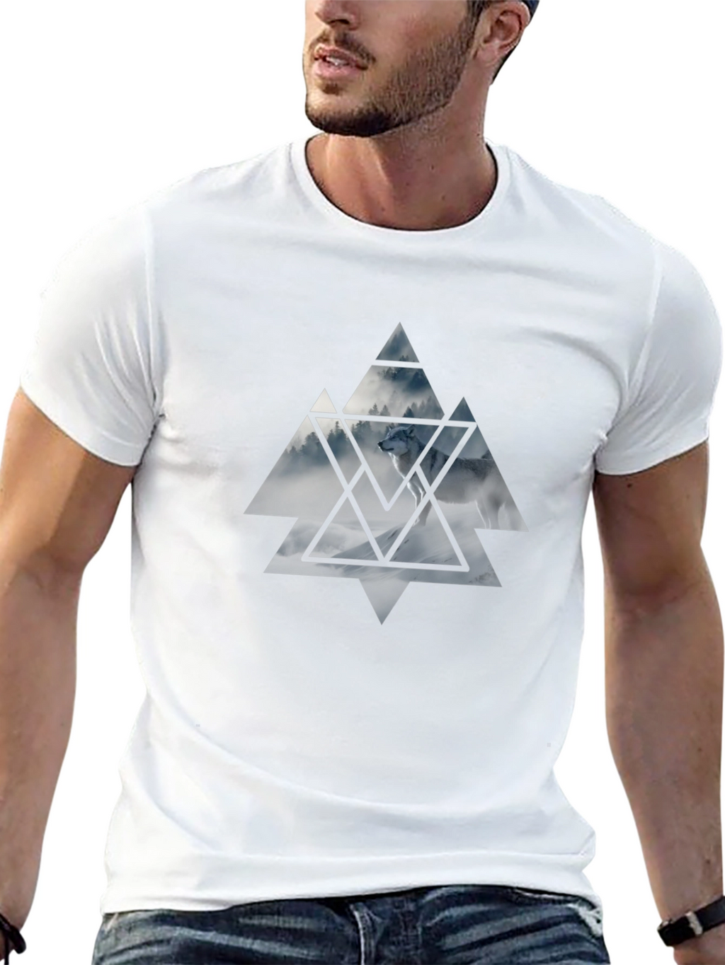 Mens Black T-Shirt Wolf Triangle Graphic Tee