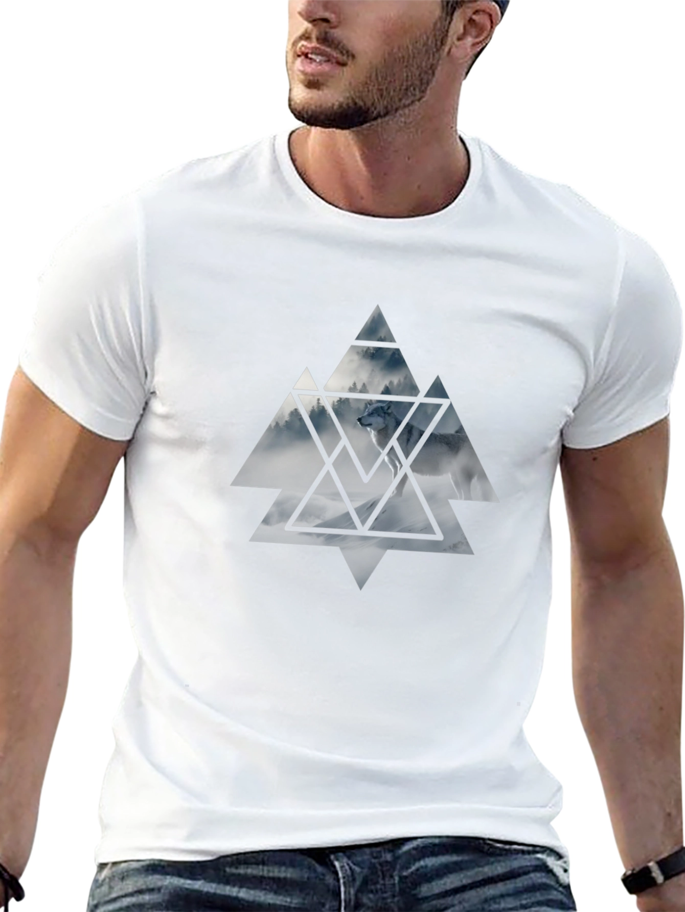 Mens Black T-Shirt Wolf Triangle Graphic Tee