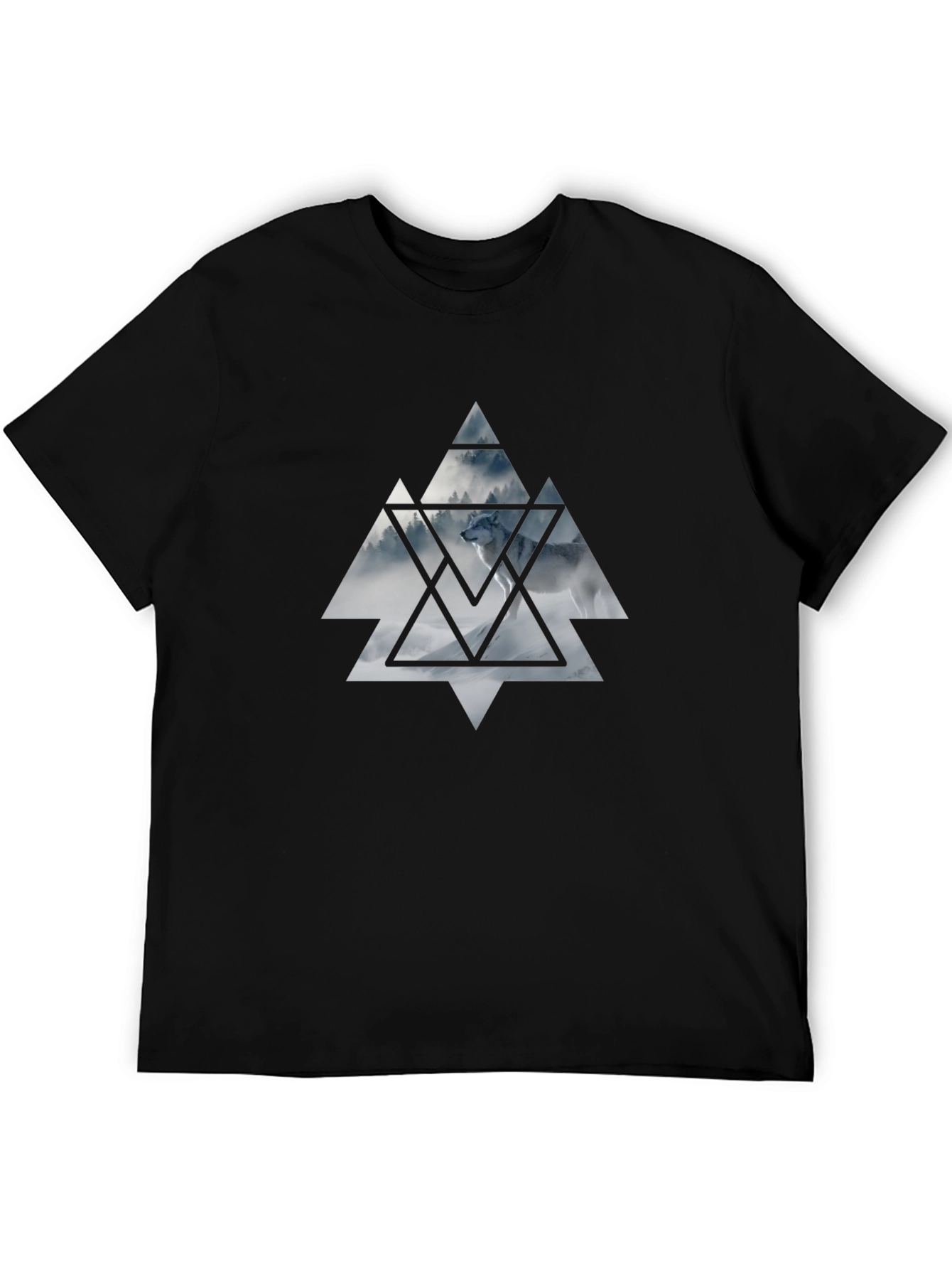 Mens Black T-Shirt Wolf Triangle Graphic Tee