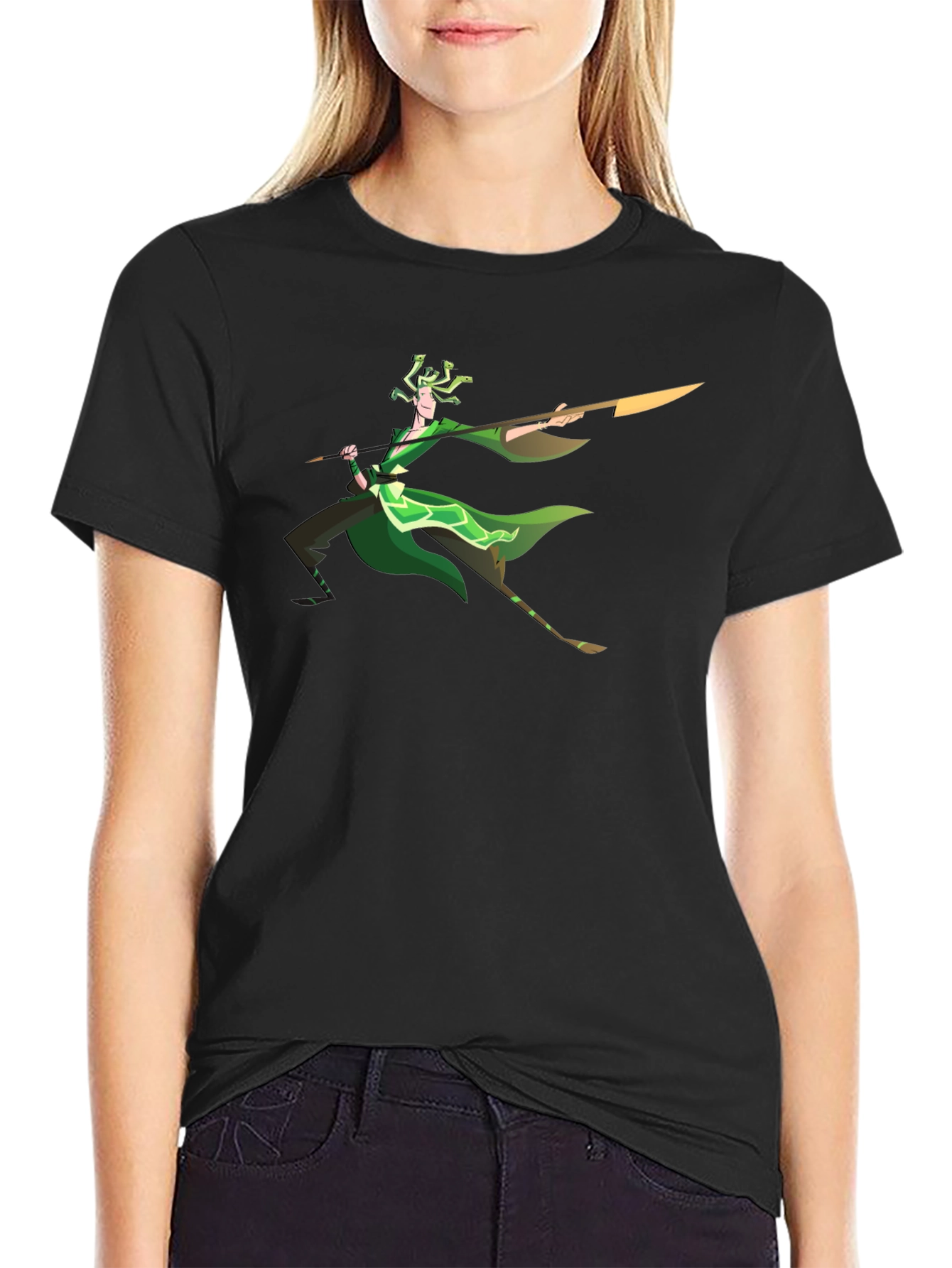 Cartoon Medusa Graphic Tee - Black Cotton T-Shirt
