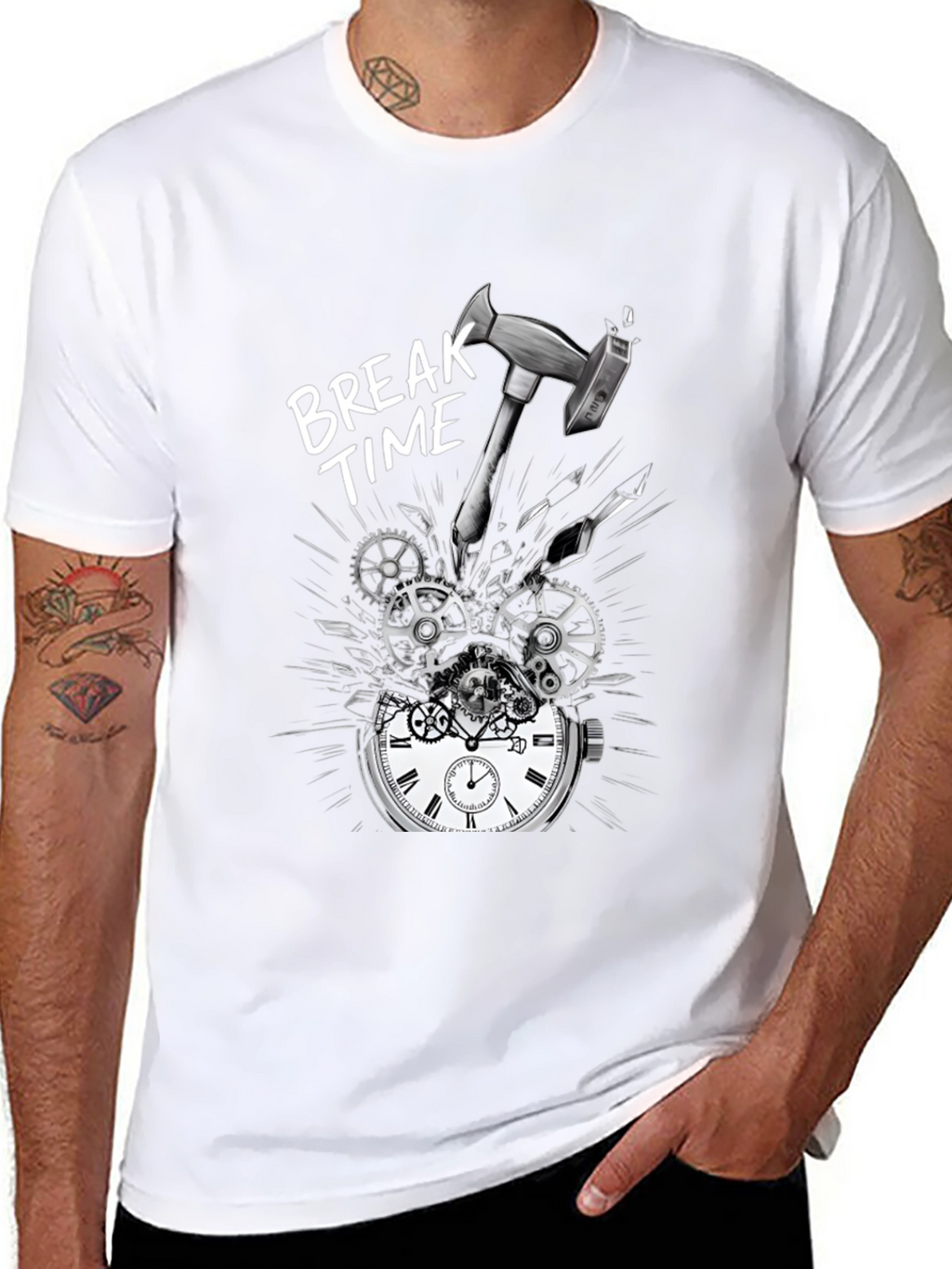 Break Time T-Shirt - Hammer Smashing Clock Gears Design