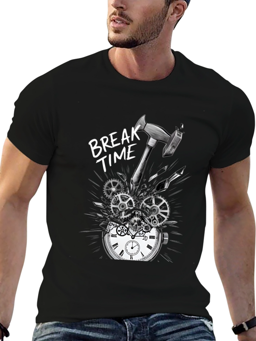 Break Time T-Shirt - Hammer Smashing Clock Gears Design