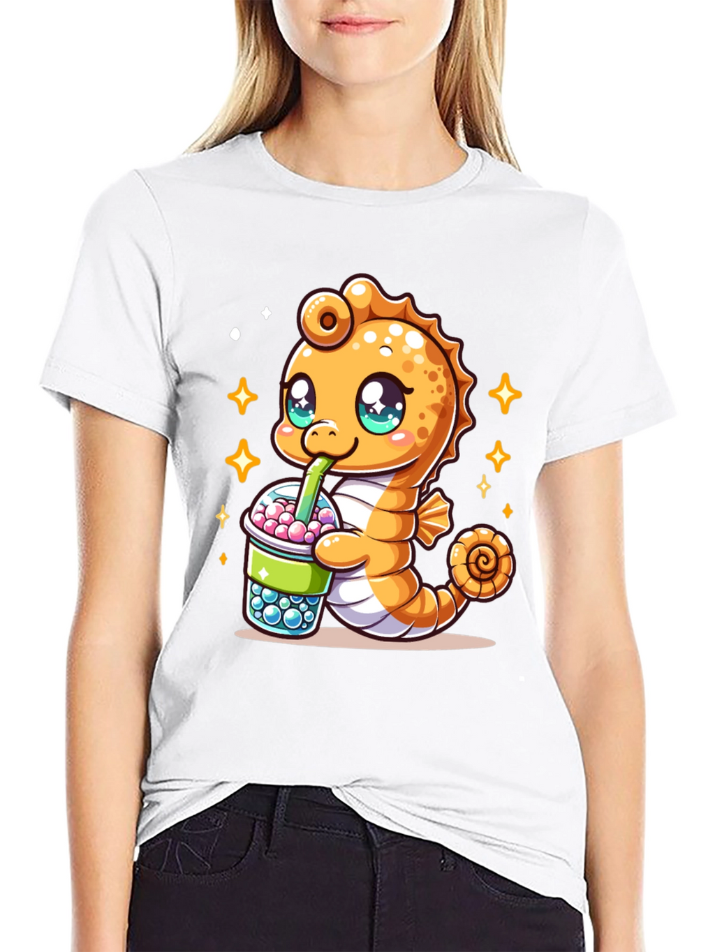 Kawaii Seahorse Bubble Tea Graphic Tee