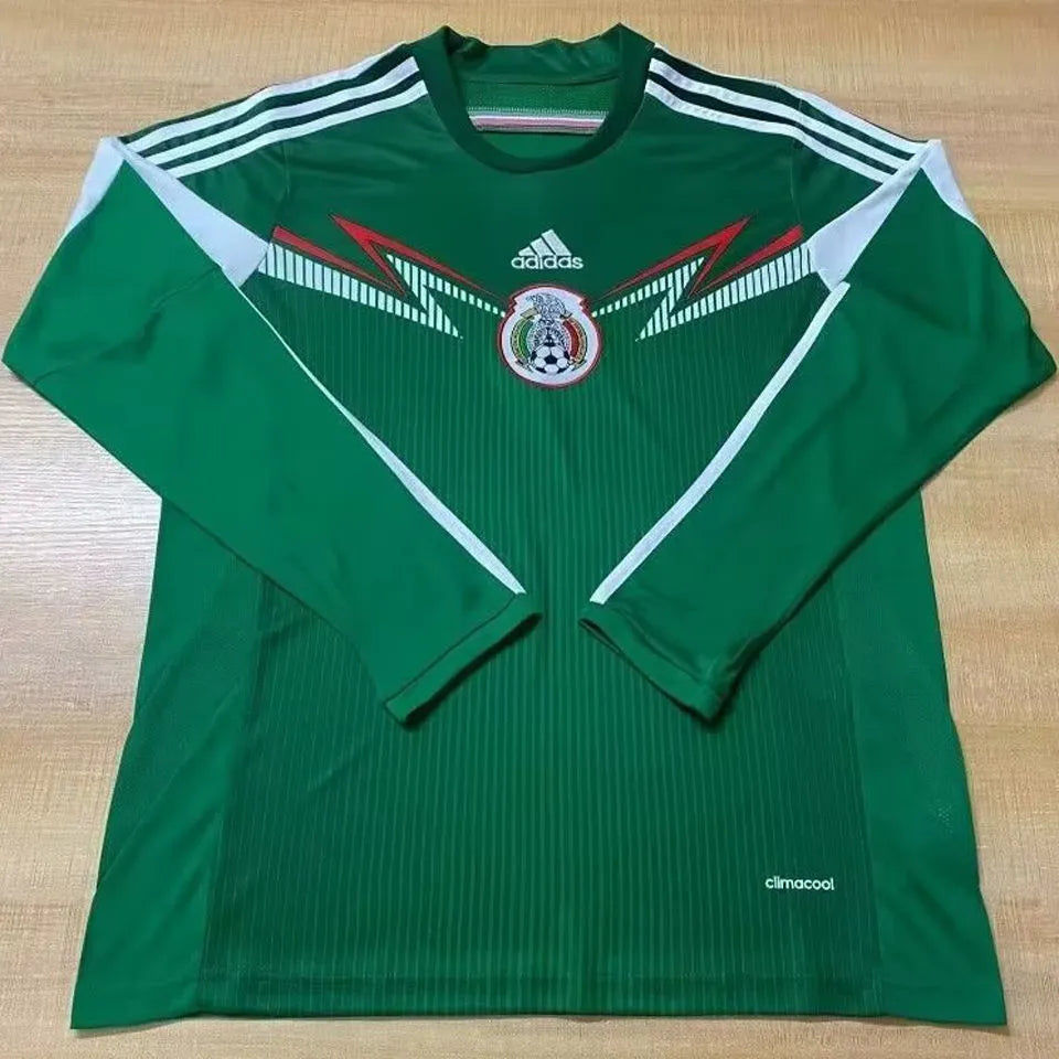 2014 Mexico Home Green Retro Long Sleeve Soccer Jersey Front
