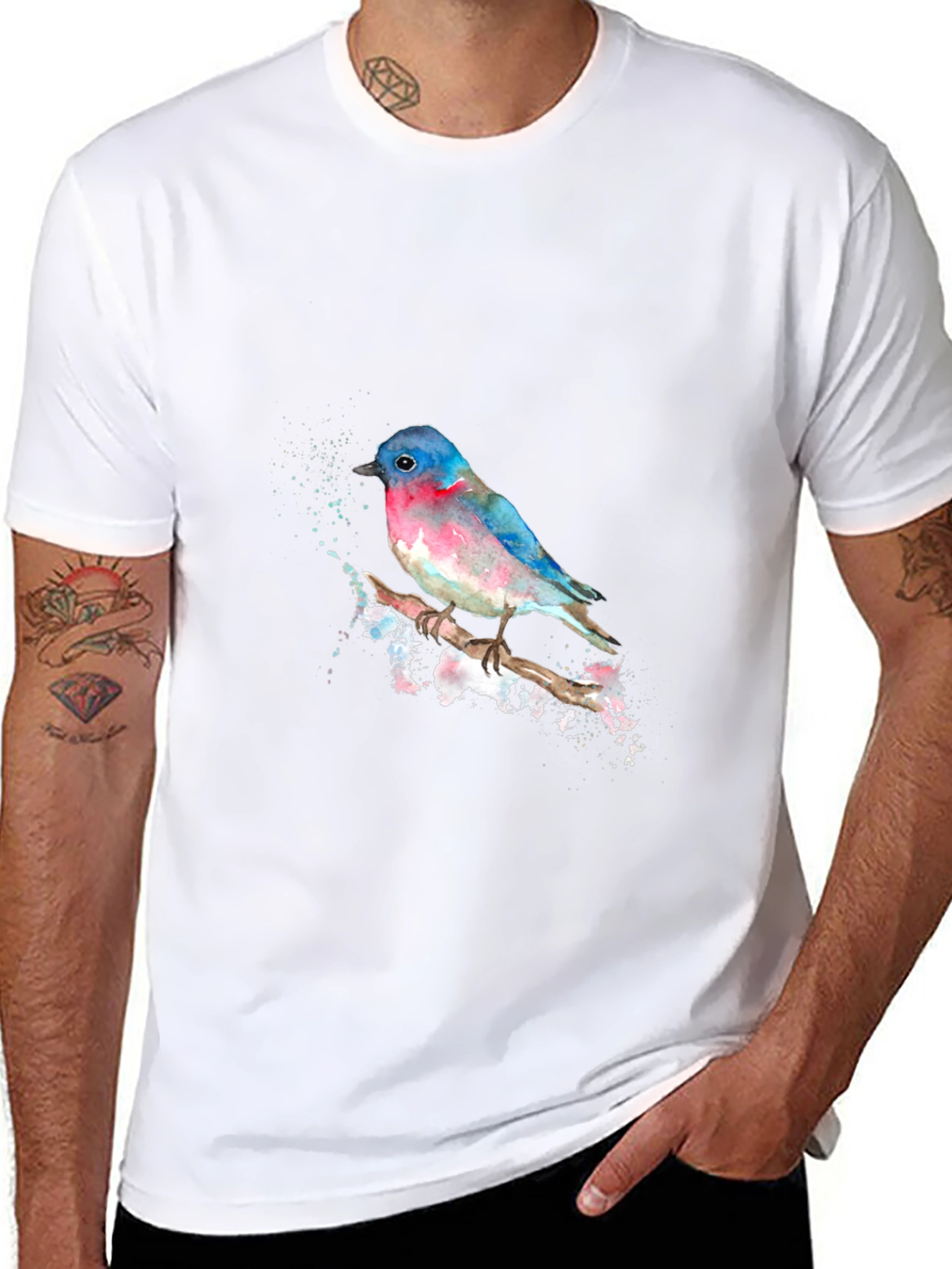 Watercolor Bird Print Black T-Shirt