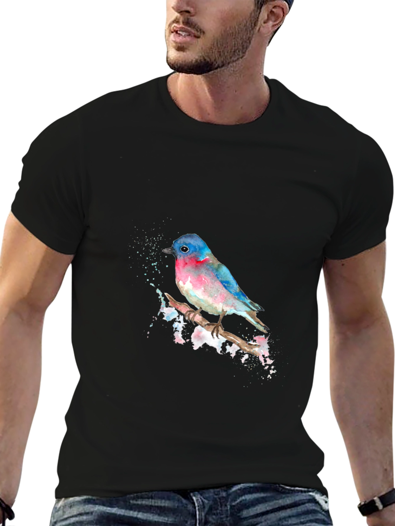 Watercolor Bird Print Black T-Shirt
