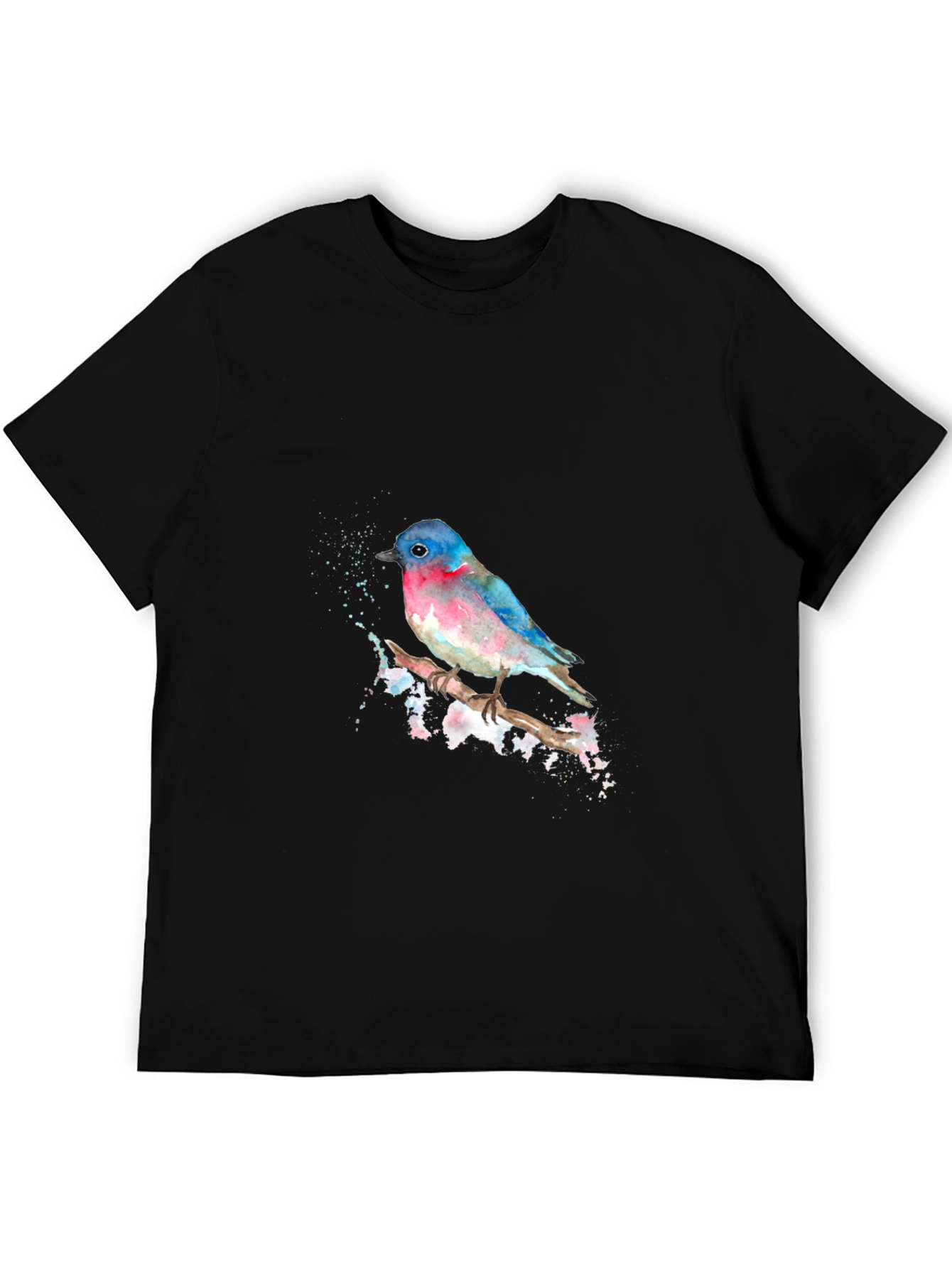 Watercolor Bird Print Black T-Shirt