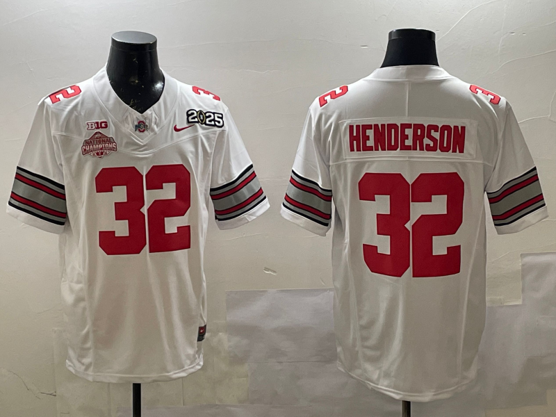 Men's Ohio State Buckeyes Treveyon Henderson #32 White 2025 CFP Final National Champions Patch F.U.S.E. Jersey
