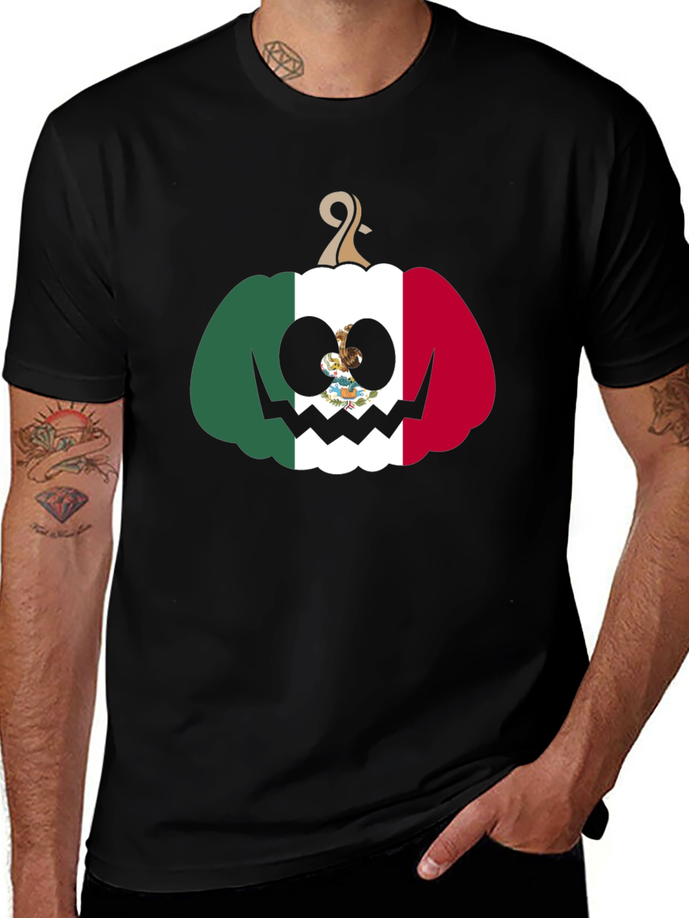 Mexican Flag Pumpkin Halloween Black T-Shirt