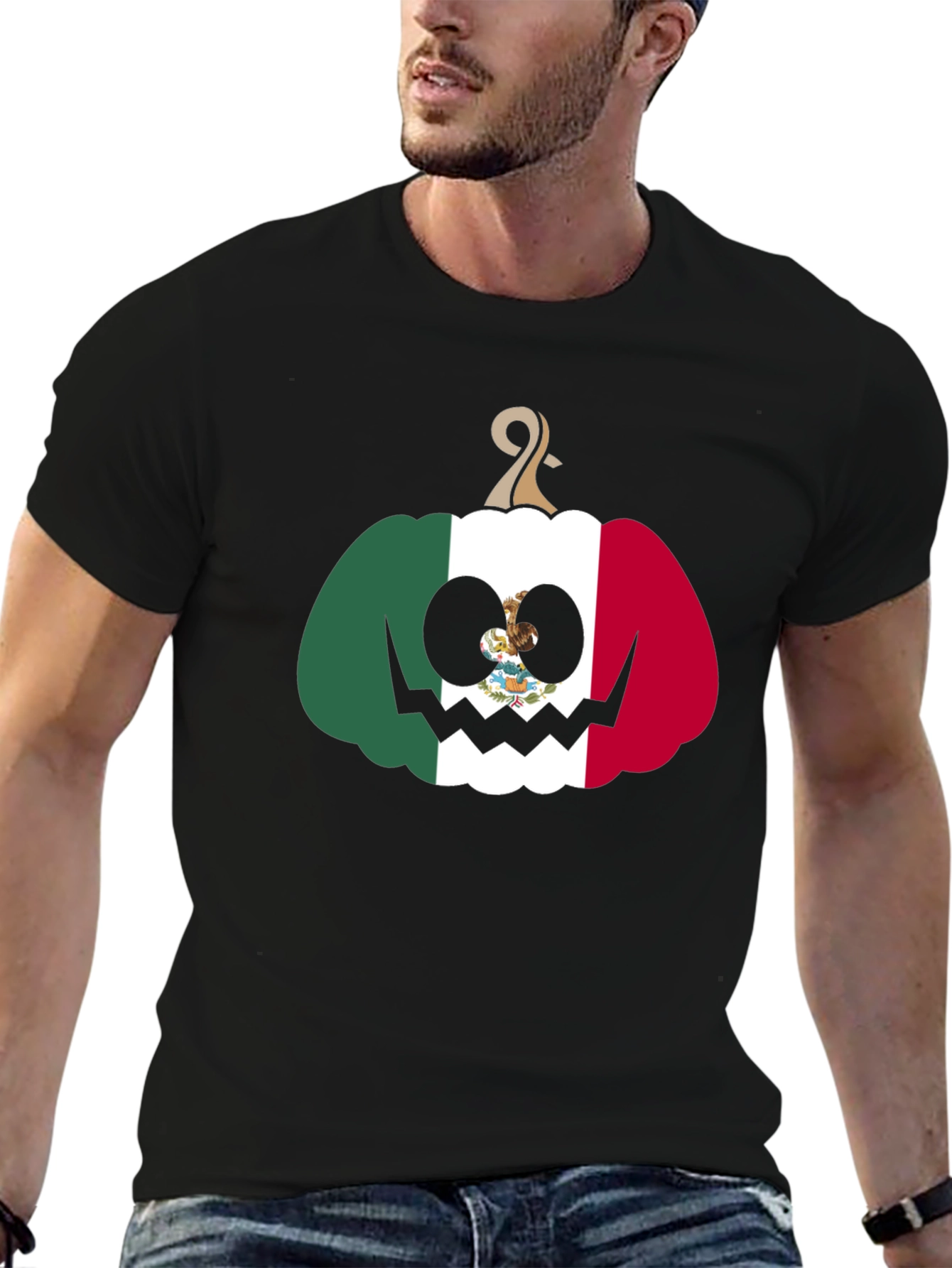 Mexican Flag Pumpkin Halloween Black T-Shirt