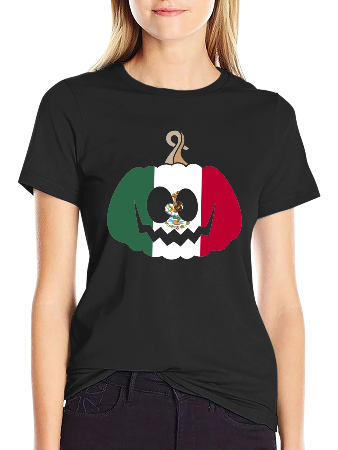 Mexican Flag Pumpkin Halloween Black T-Shirt