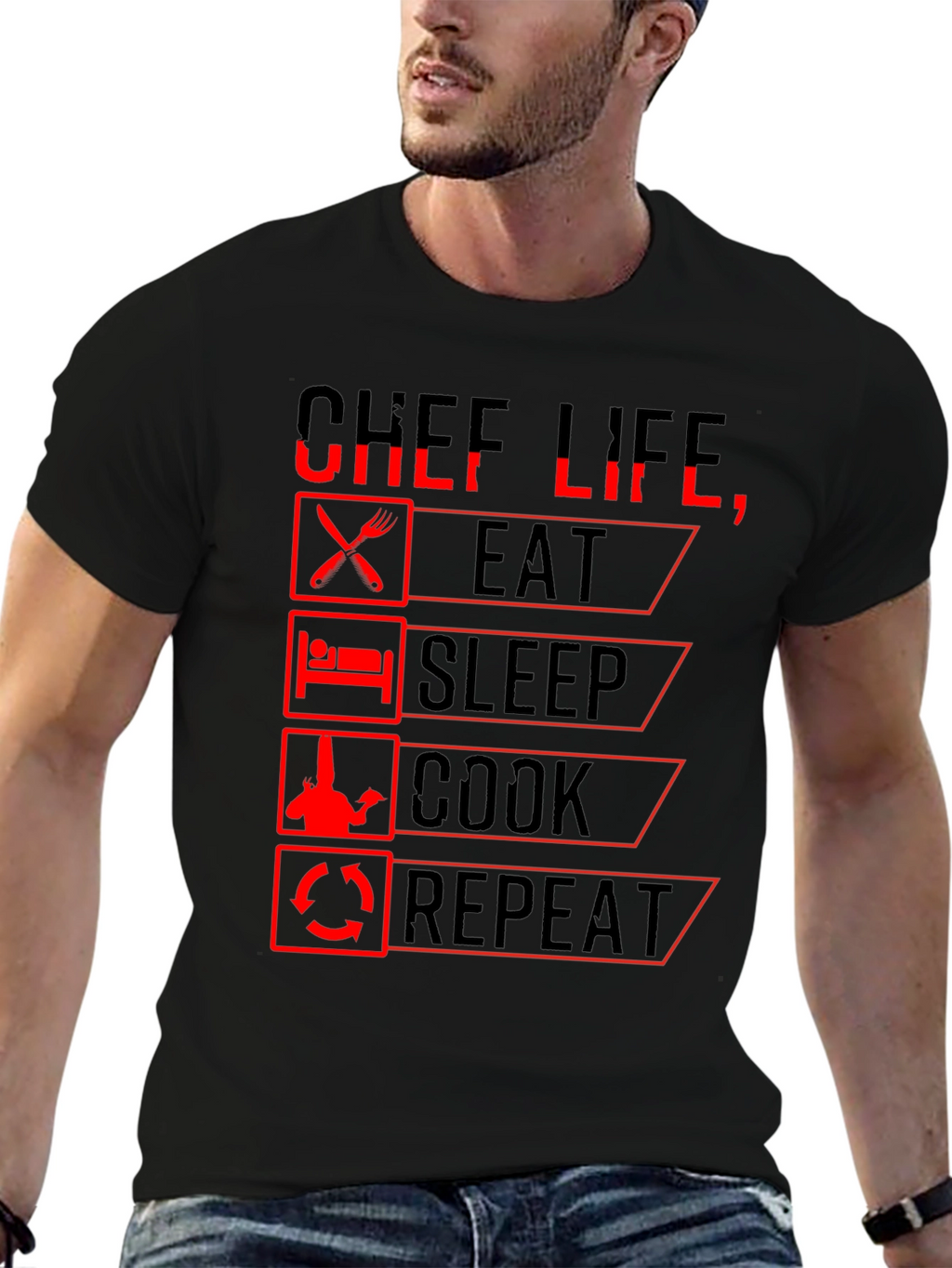 Chef Life Eat Sleep Cook Repeat Black Graphic T-Shirt