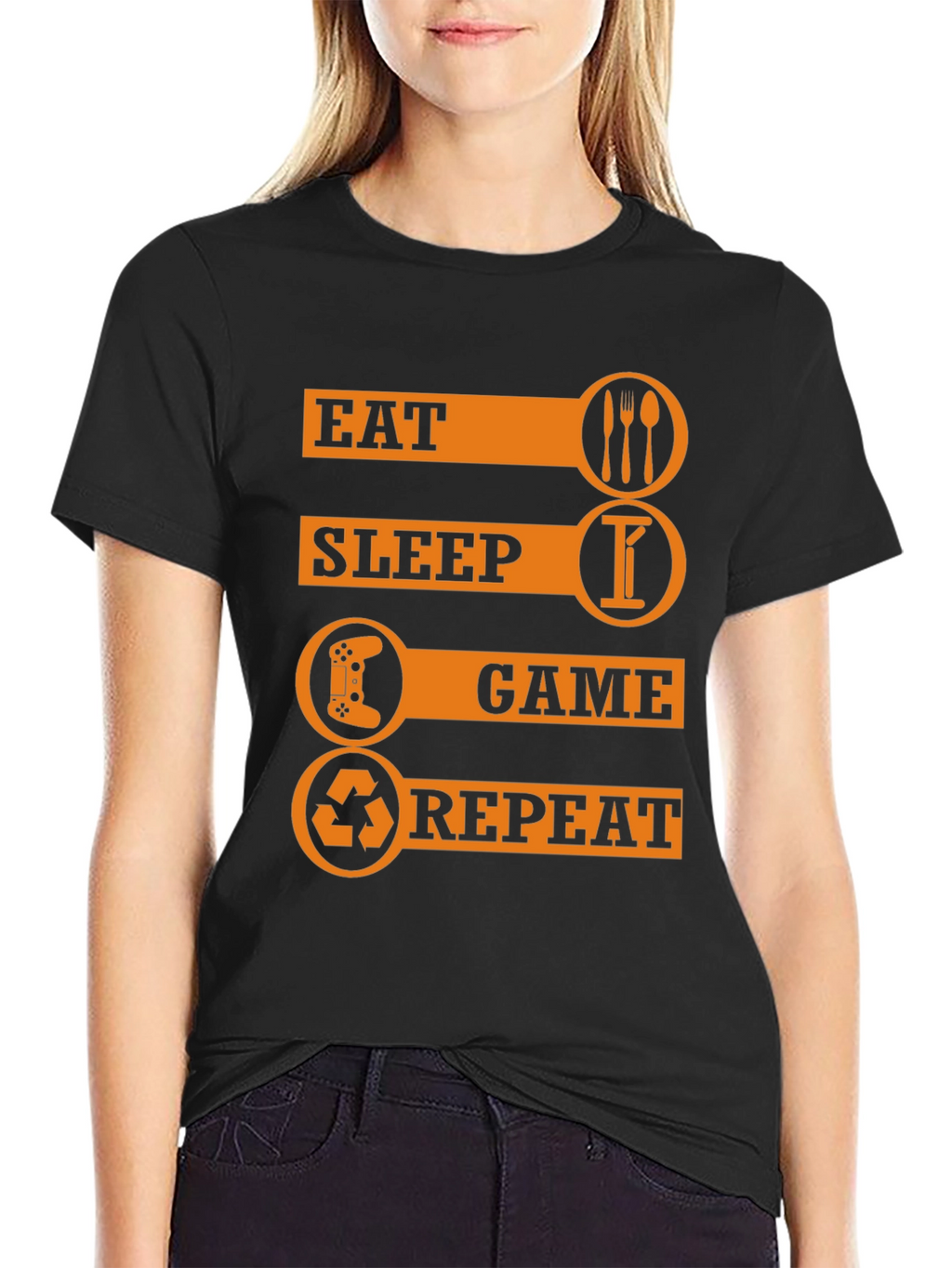 Eat Sleep Game Repeat Black Graphic T-Shirt