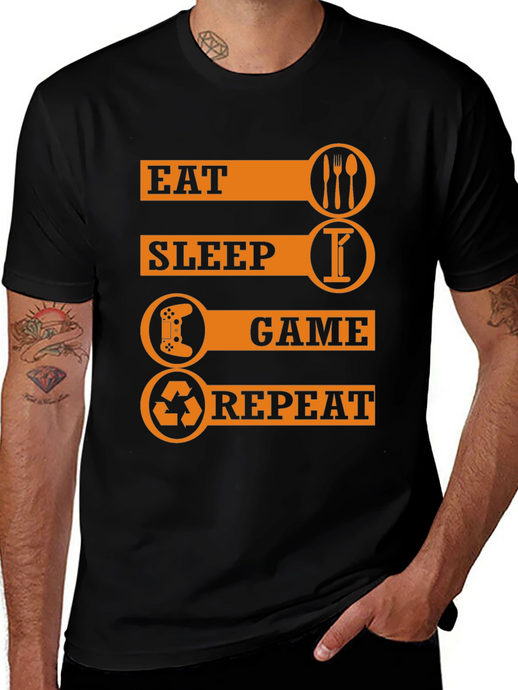 Eat Sleep Game Repeat Black Graphic T-Shirt