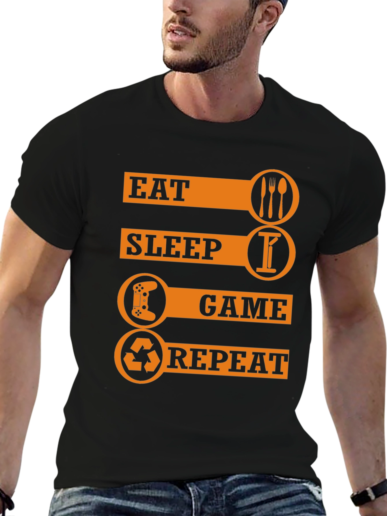 Eat Sleep Game Repeat Black Graphic T-Shirt