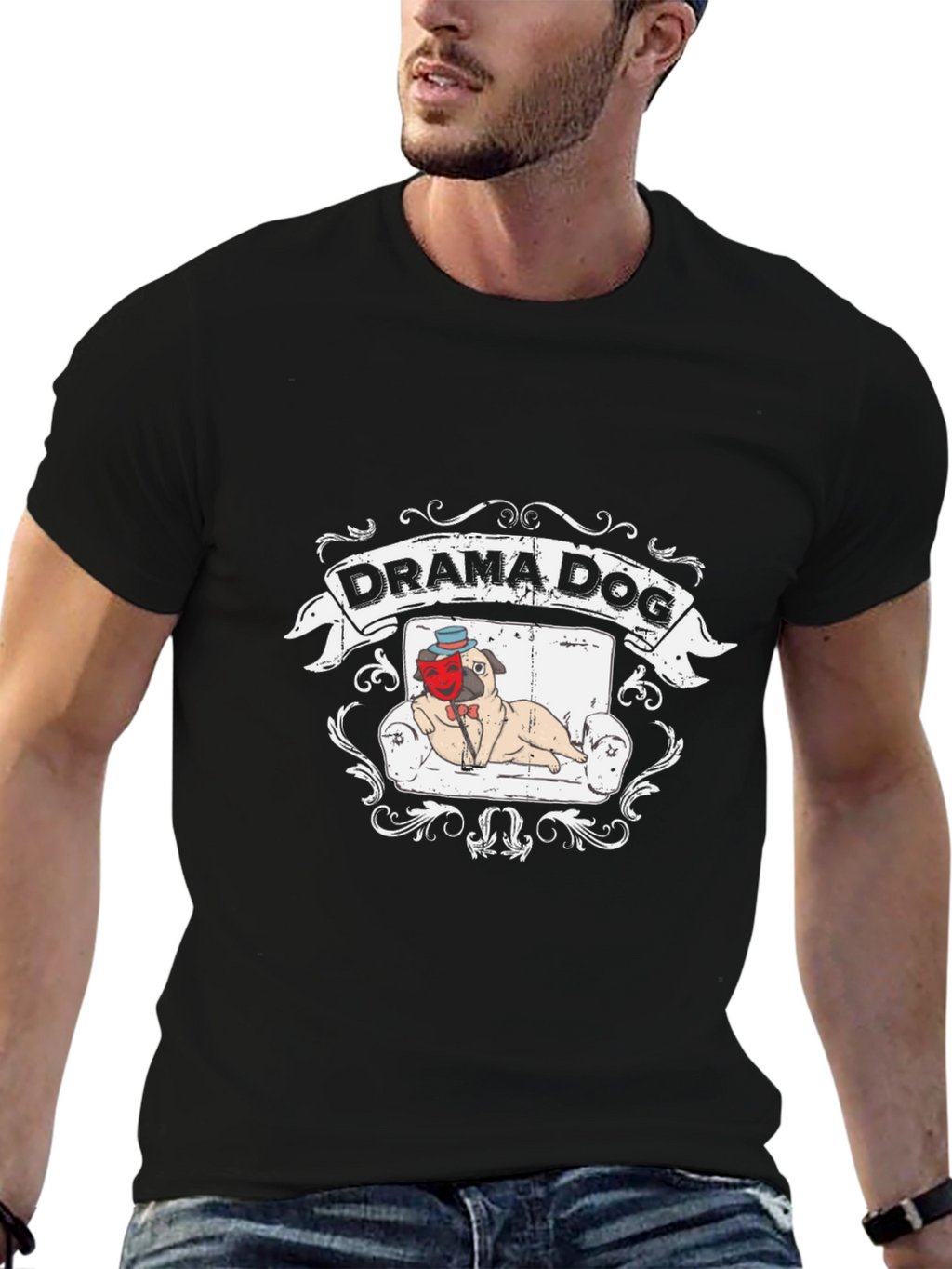 Drama Dog T-Shirt: Pug on Couch Theatrical Design