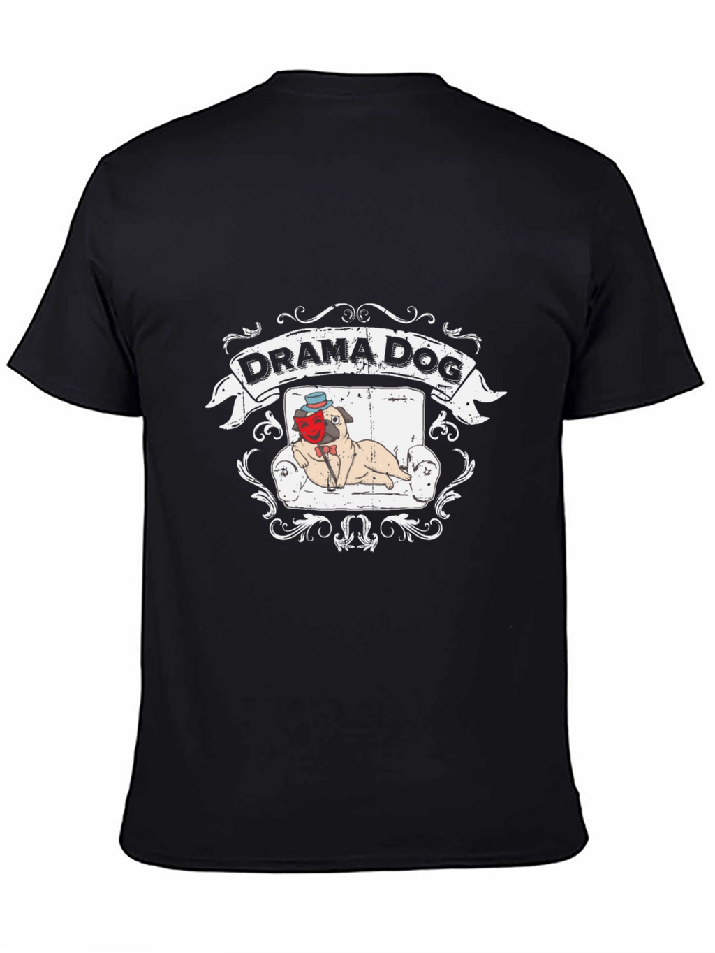 Drama Dog T-Shirt: Pug on Couch Theatrical Design