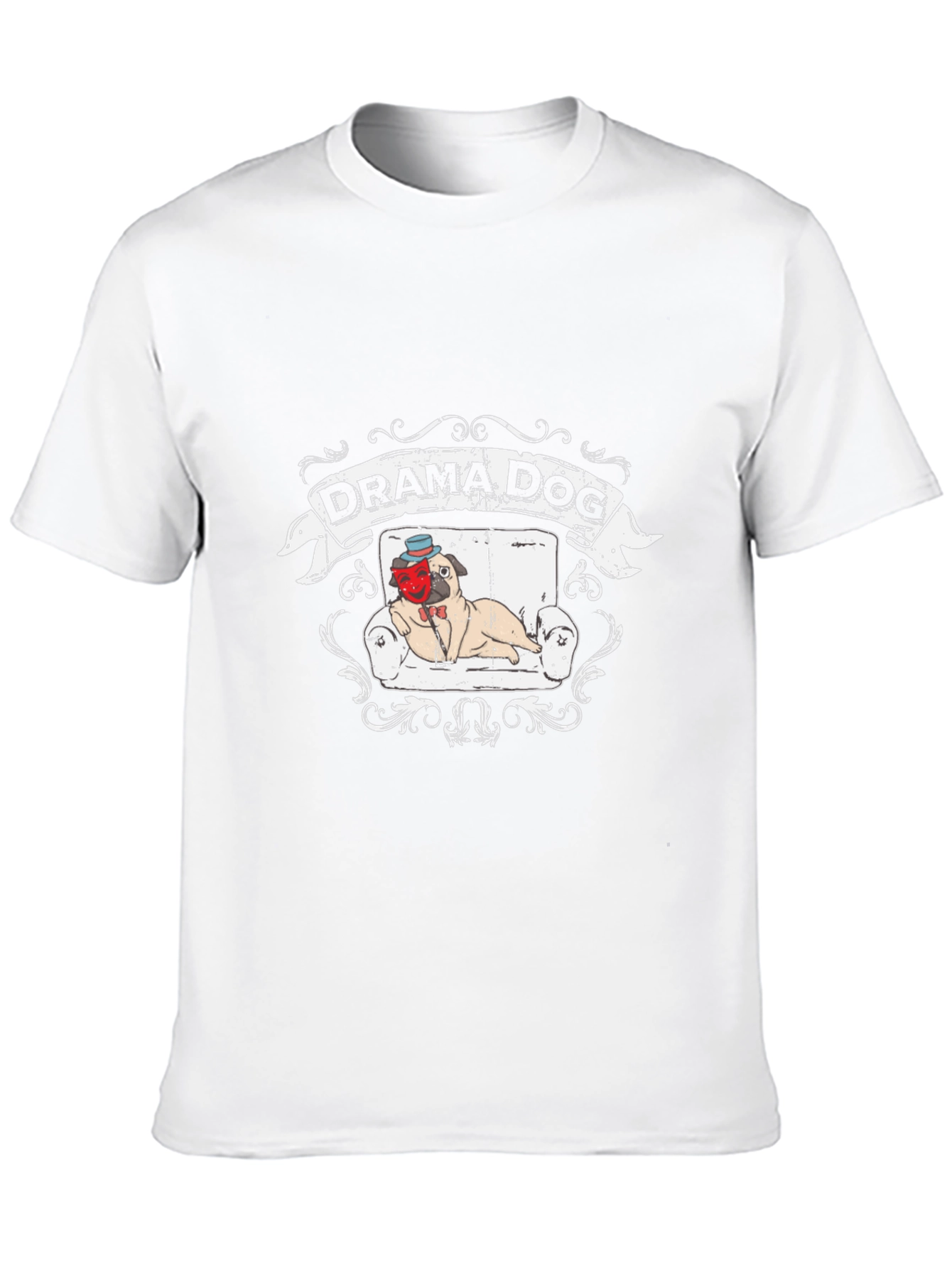 Drama Dog T-Shirt: Pug on Couch Theatrical Design