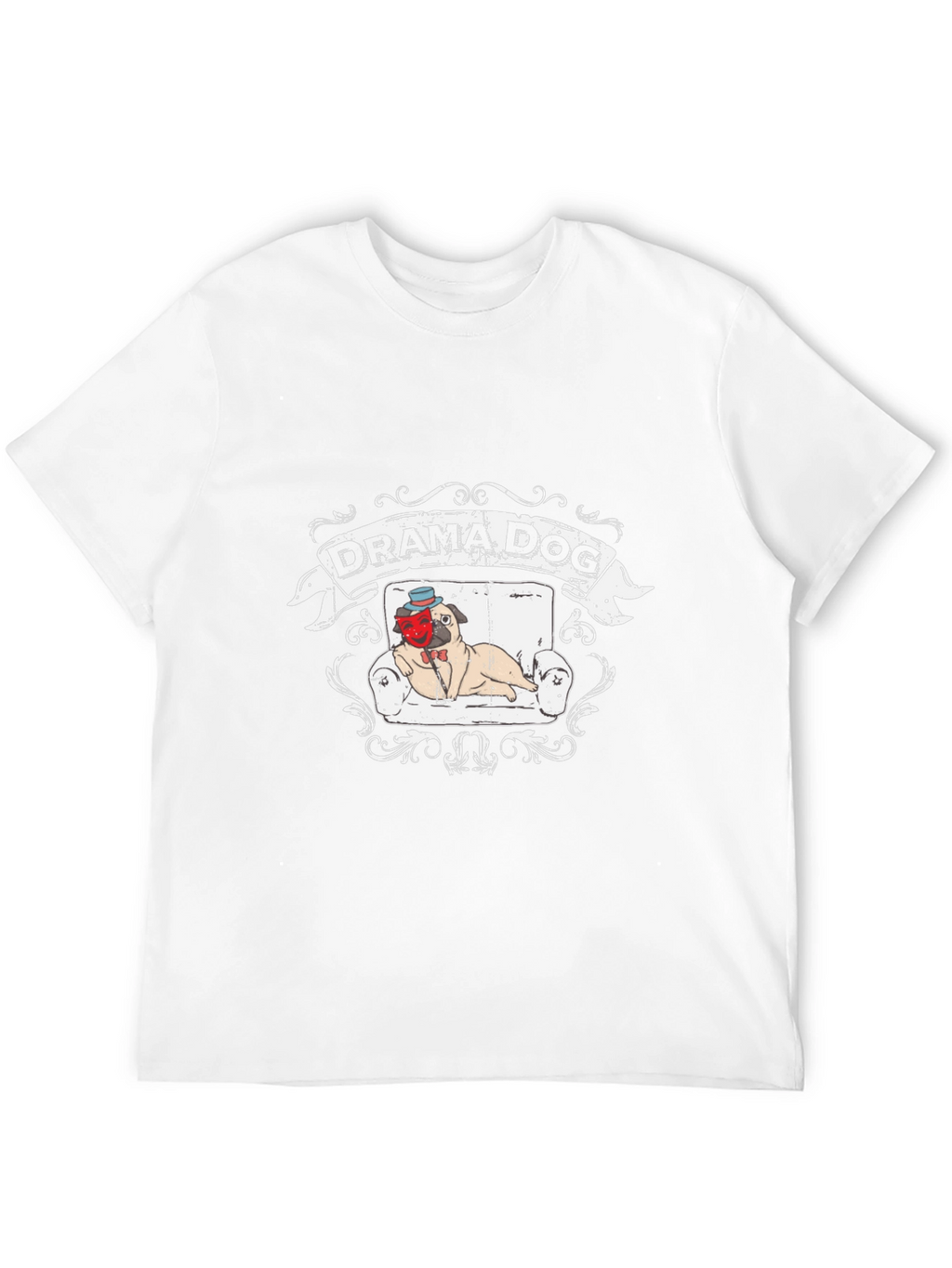 Drama Dog T-Shirt: Pug on Couch Theatrical Design