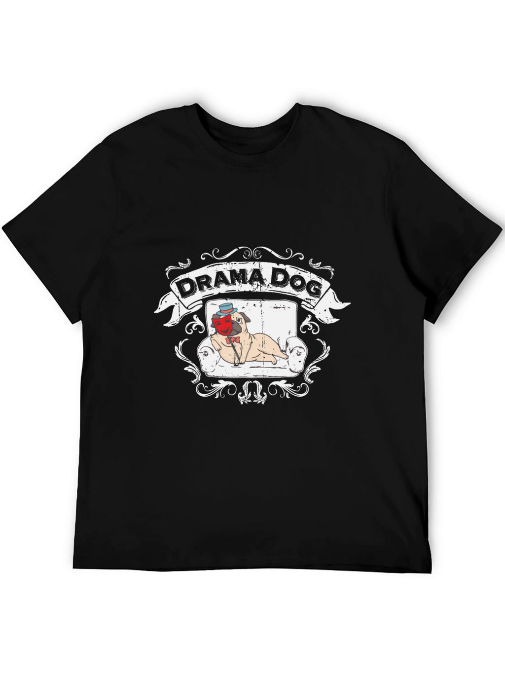 Drama Dog T-Shirt: Pug on Couch Theatrical Design
