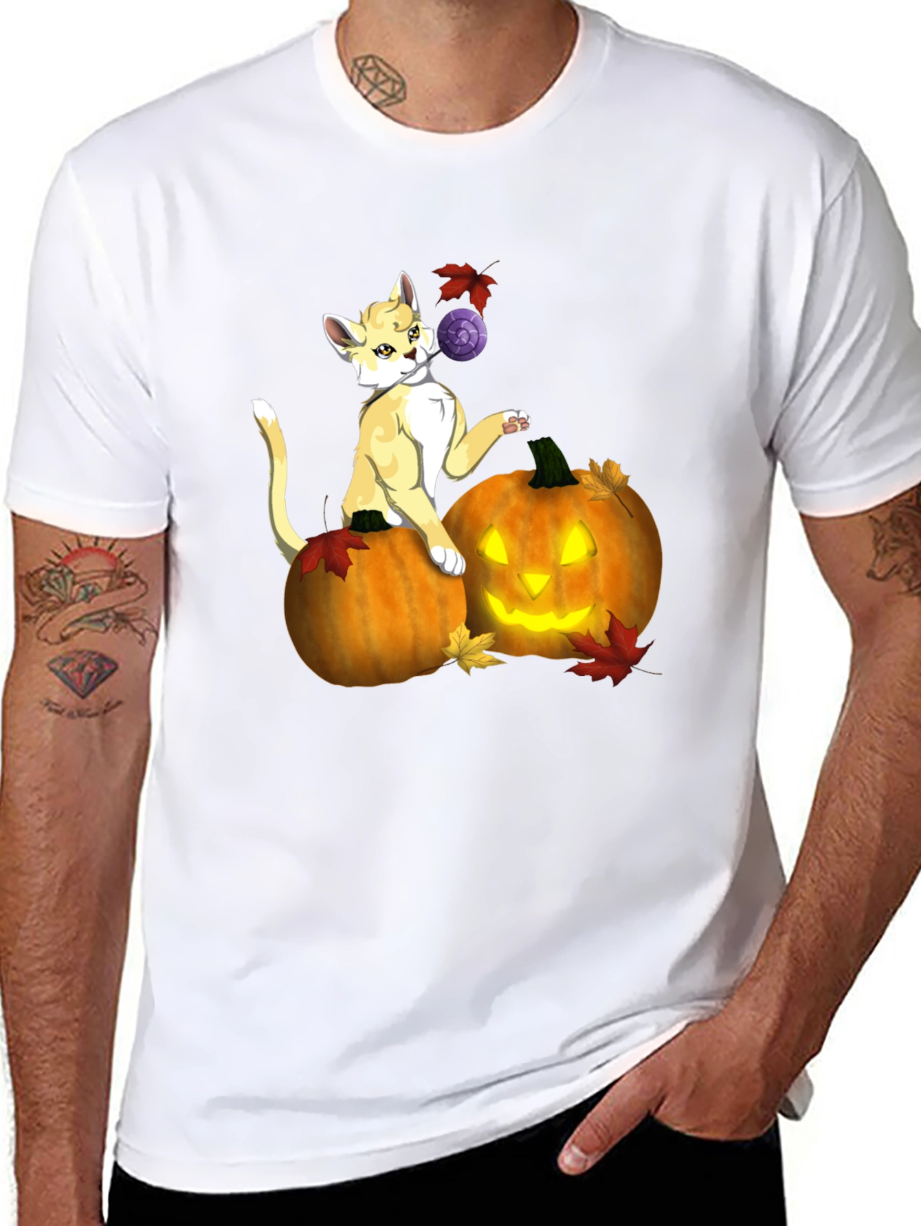 Halloween Cat & Pumpkin Black T-Shirt
