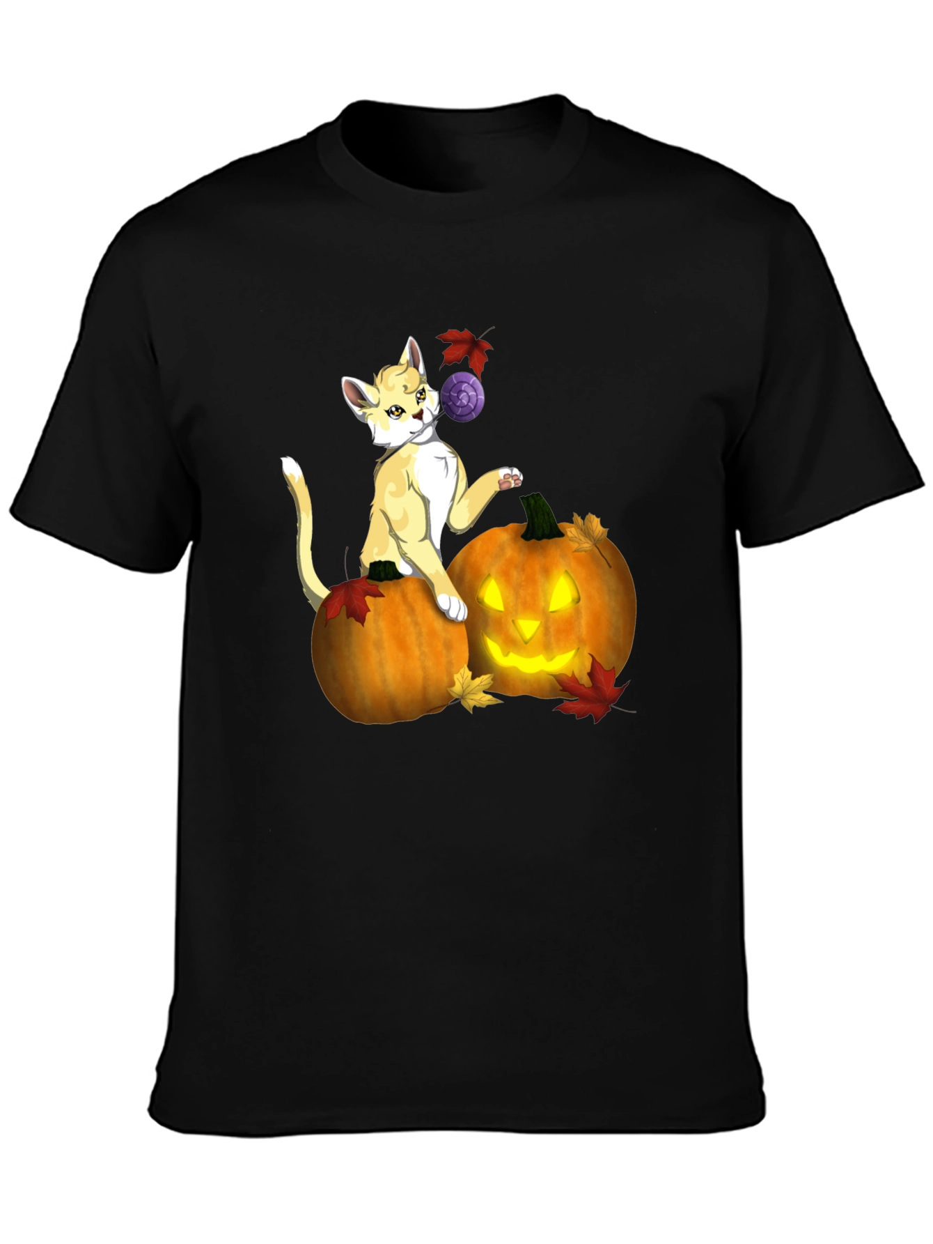 Halloween Cat & Pumpkin Black T-Shirt