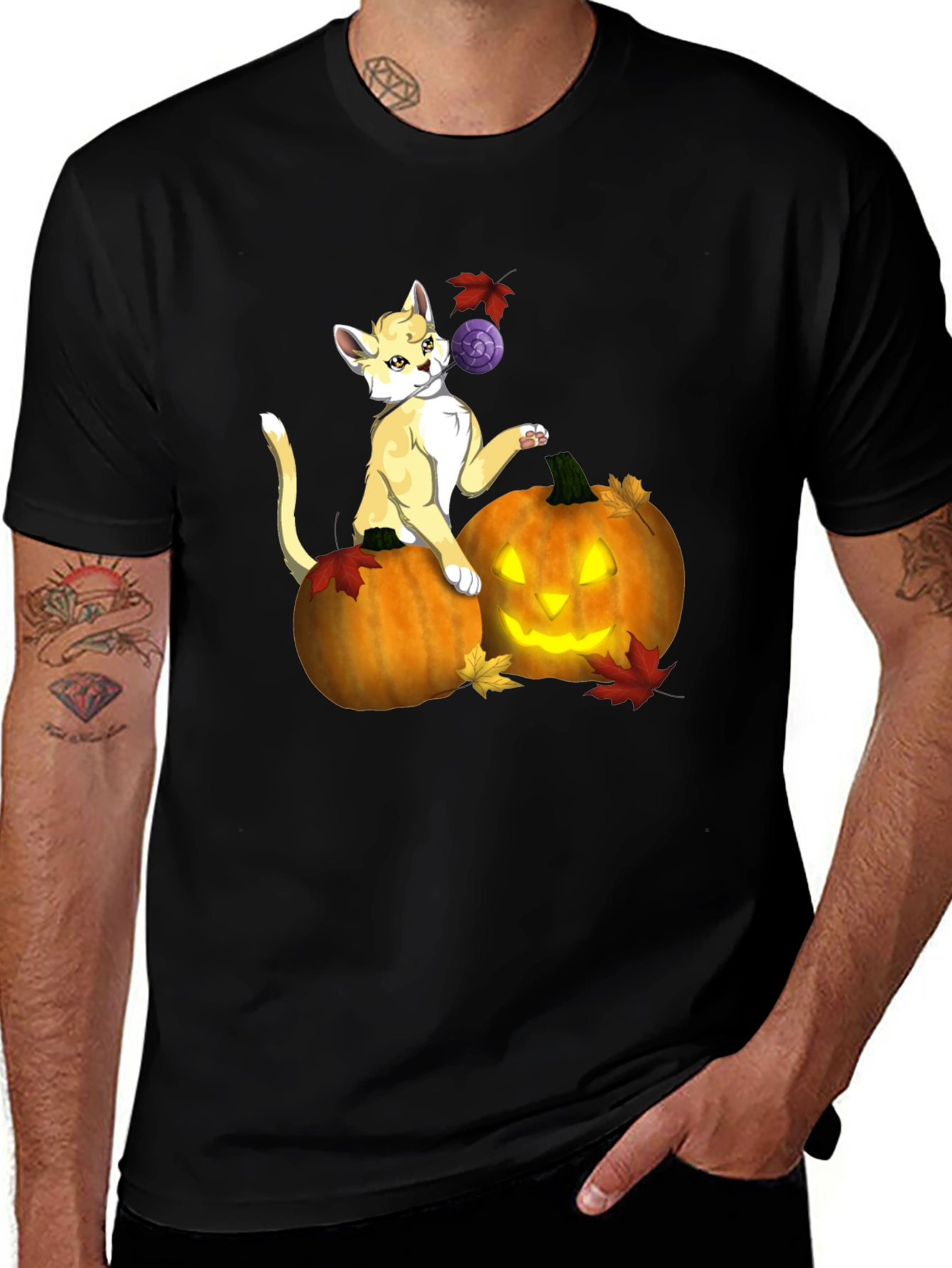 Halloween Cat & Pumpkin Black T-Shirt