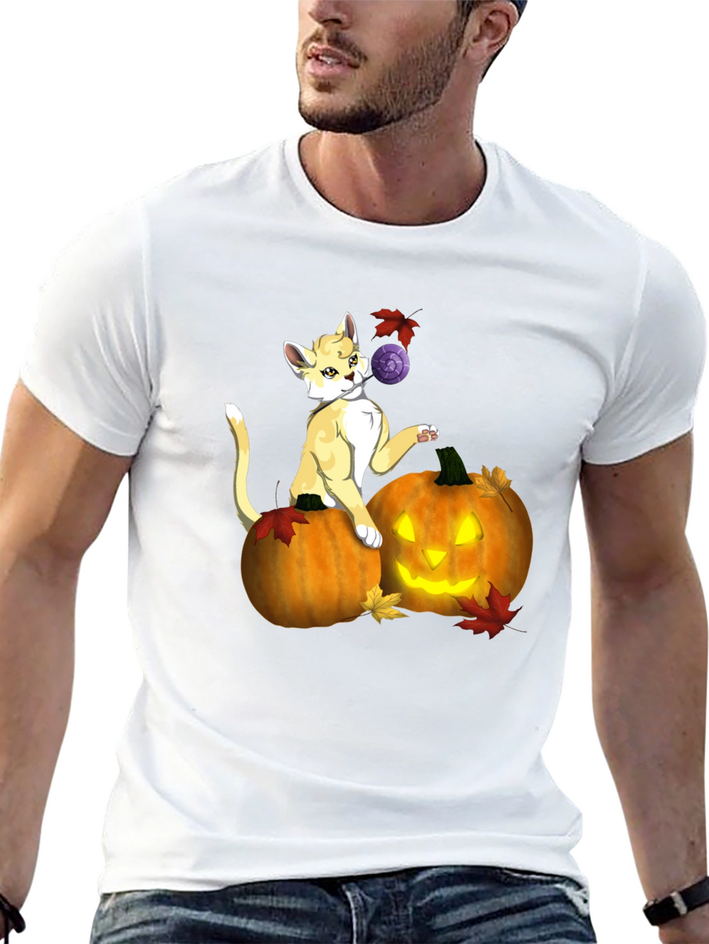 Halloween Cat & Pumpkin Black T-Shirt