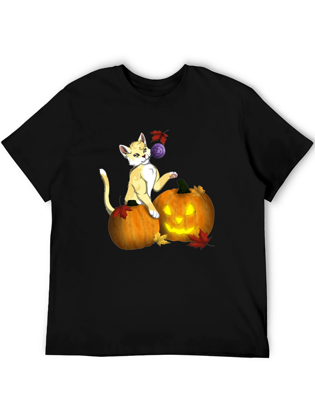 Halloween Cat & Pumpkin Black T-Shirt