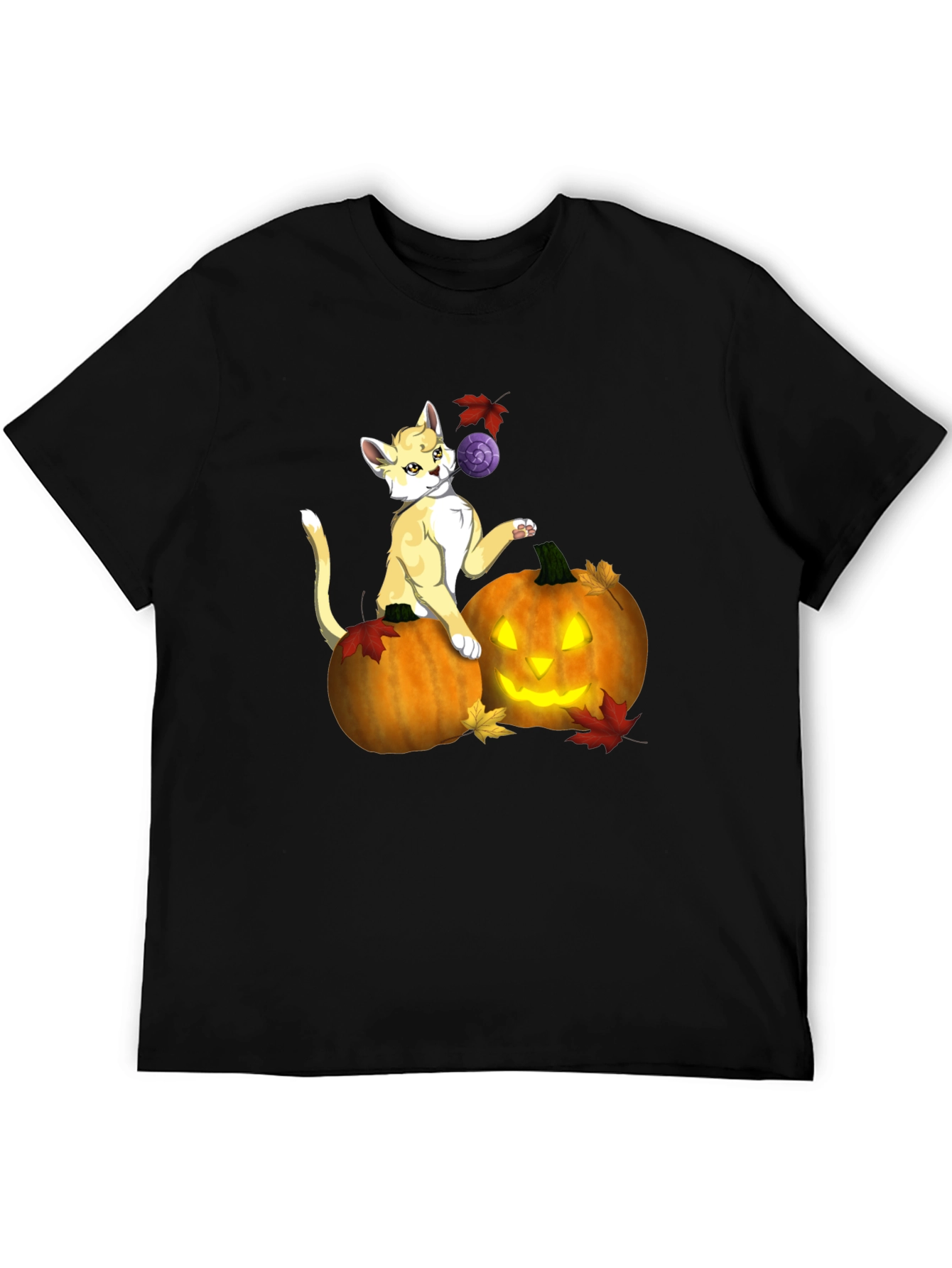 Halloween Cat & Pumpkin Black T-Shirt