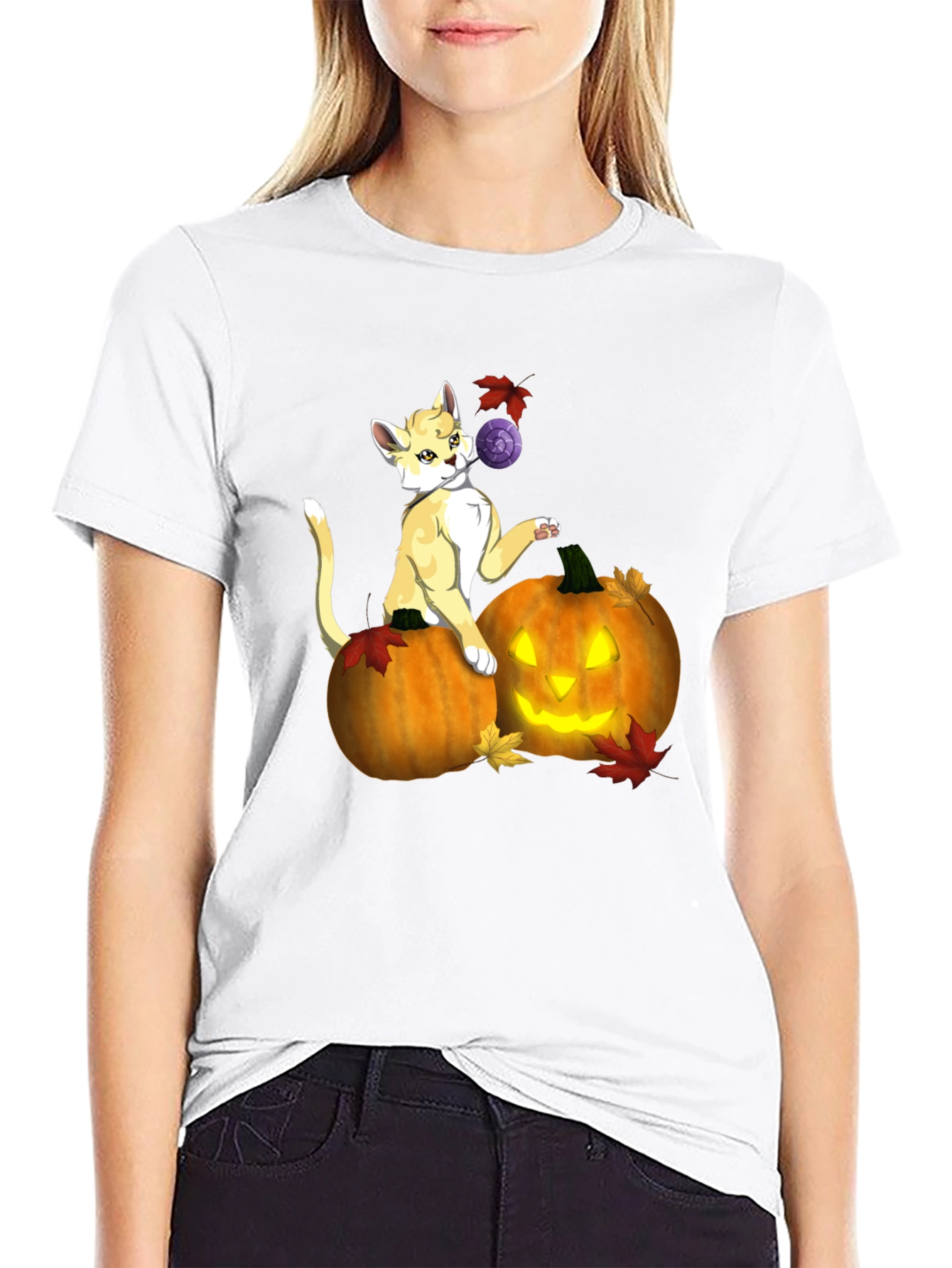 Halloween Cat & Pumpkin Black T-Shirt